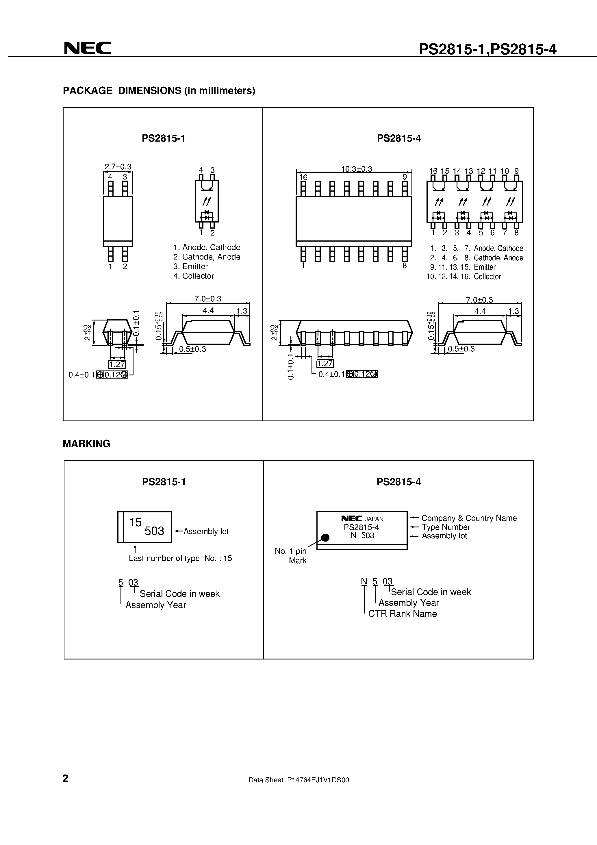 Datasheet PS2815-1-F3 - HIGH CTR / AC INPUT 4 / 16-PIN SOP PHOTOCOUPLER page 2
