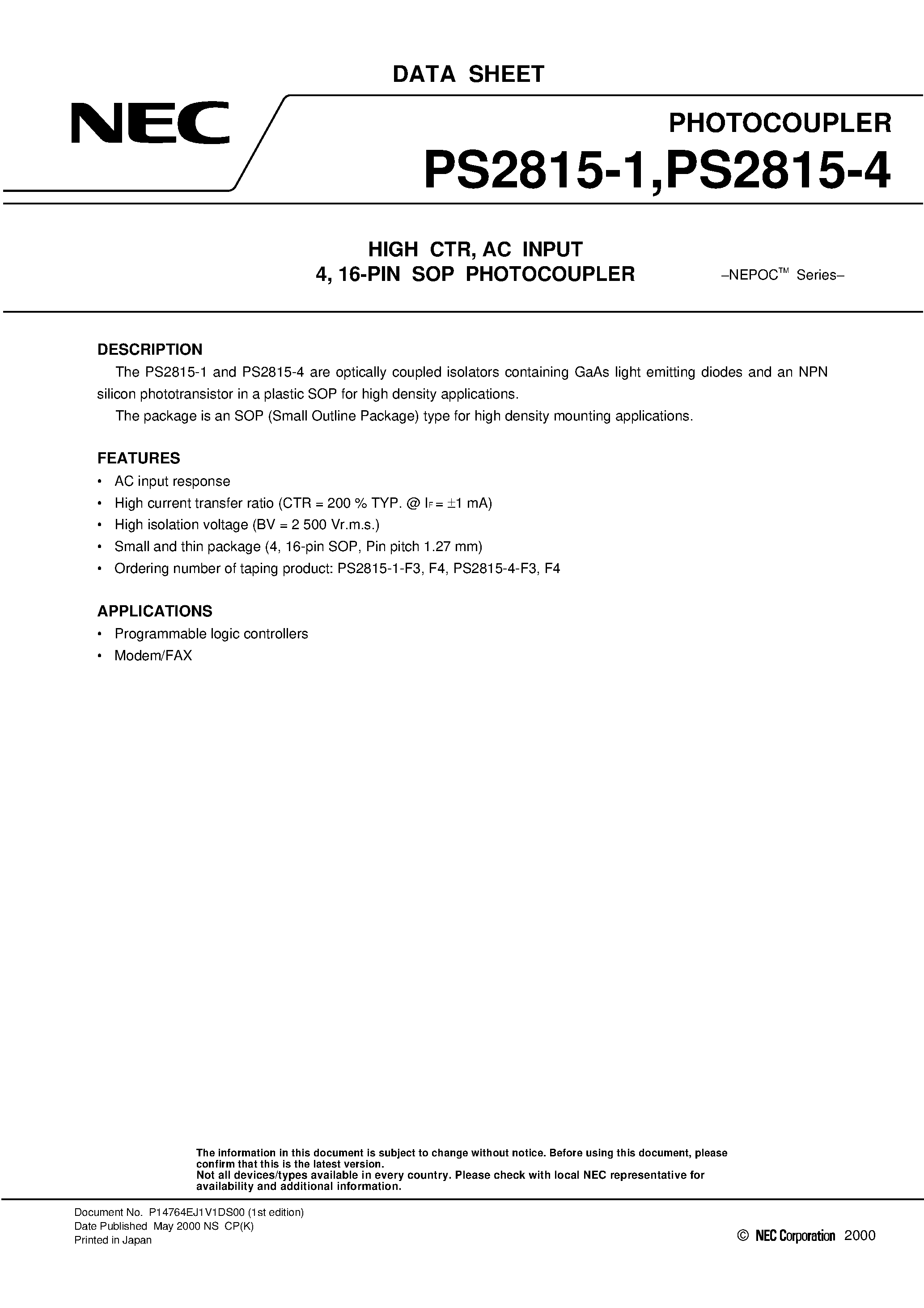 Datasheet PS2815-1-F4 - HIGH CTR / AC INPUT 4 / 16-PIN SOP PHOTOCOUPLER page 1