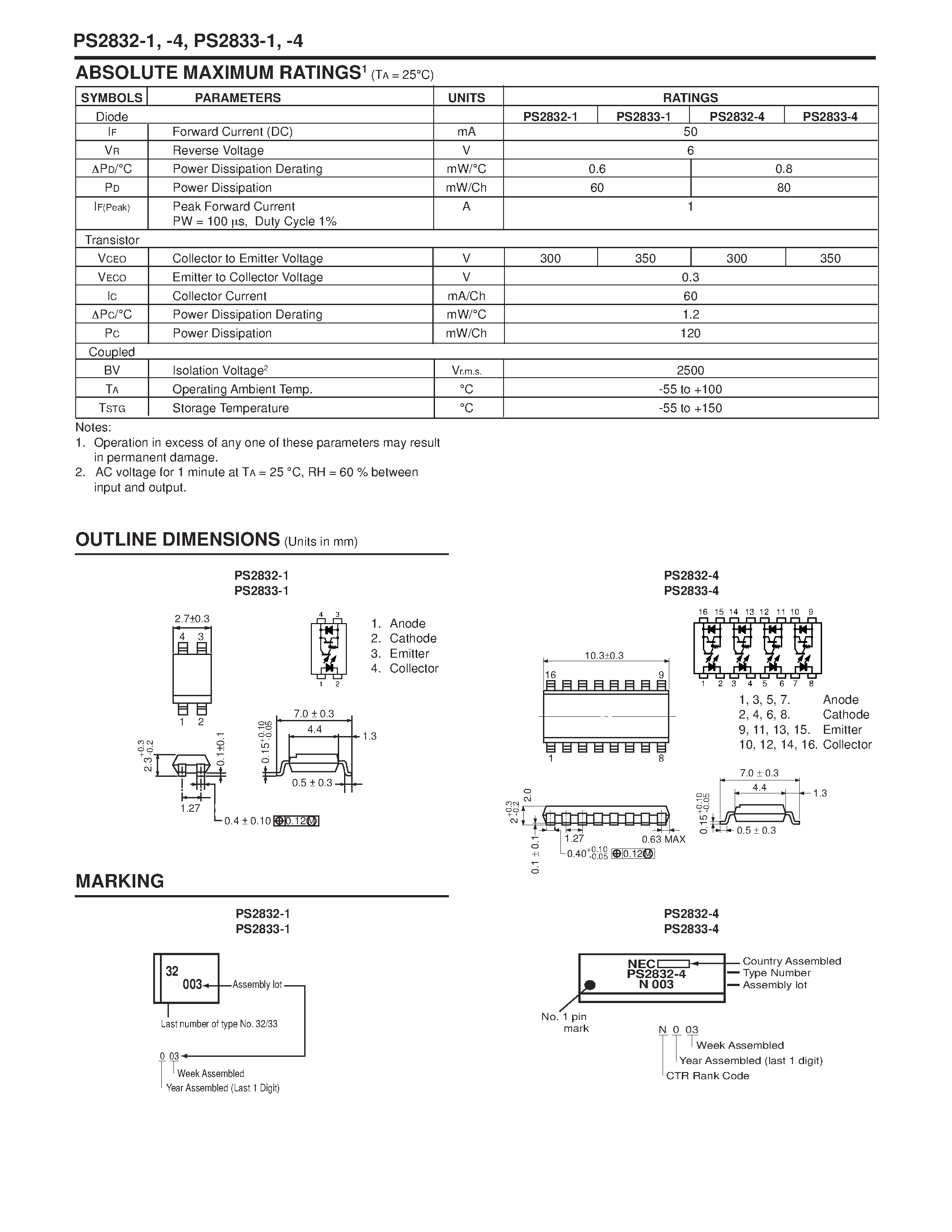 Даташит PS2832-1-F3 - HIGH ISOLATION VOLTAGE HIGH COLLECTOR TO EMITTER VOLTAGE SOP MULTI OPTOCOUPLER страница 2