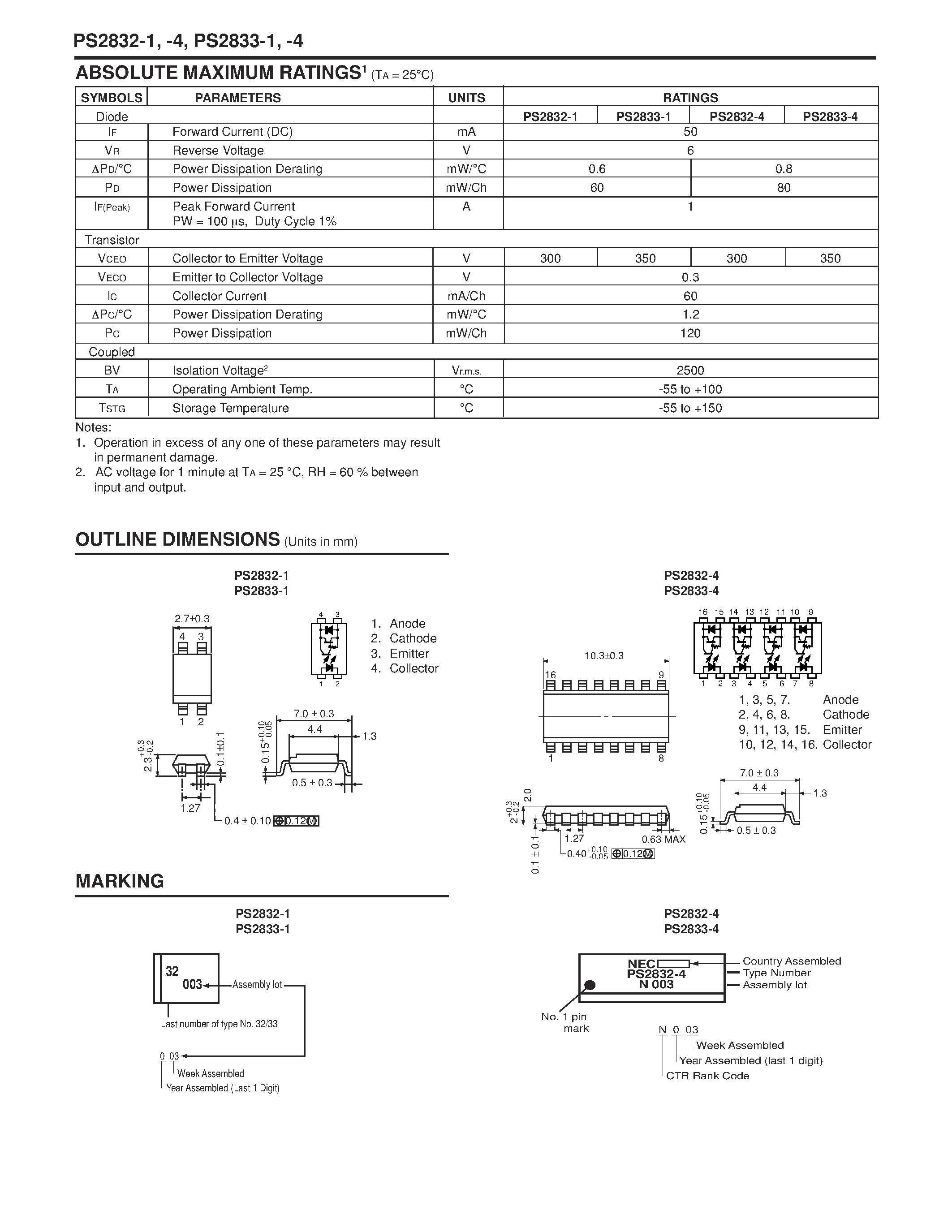 Datasheet PS2832-1-V-F3 - HIGH ISOLATION VOLTAGE HIGH COLLECTOR TO EMITTER VOLTAGE SOP MULTI OPTOCOUPLER page 2