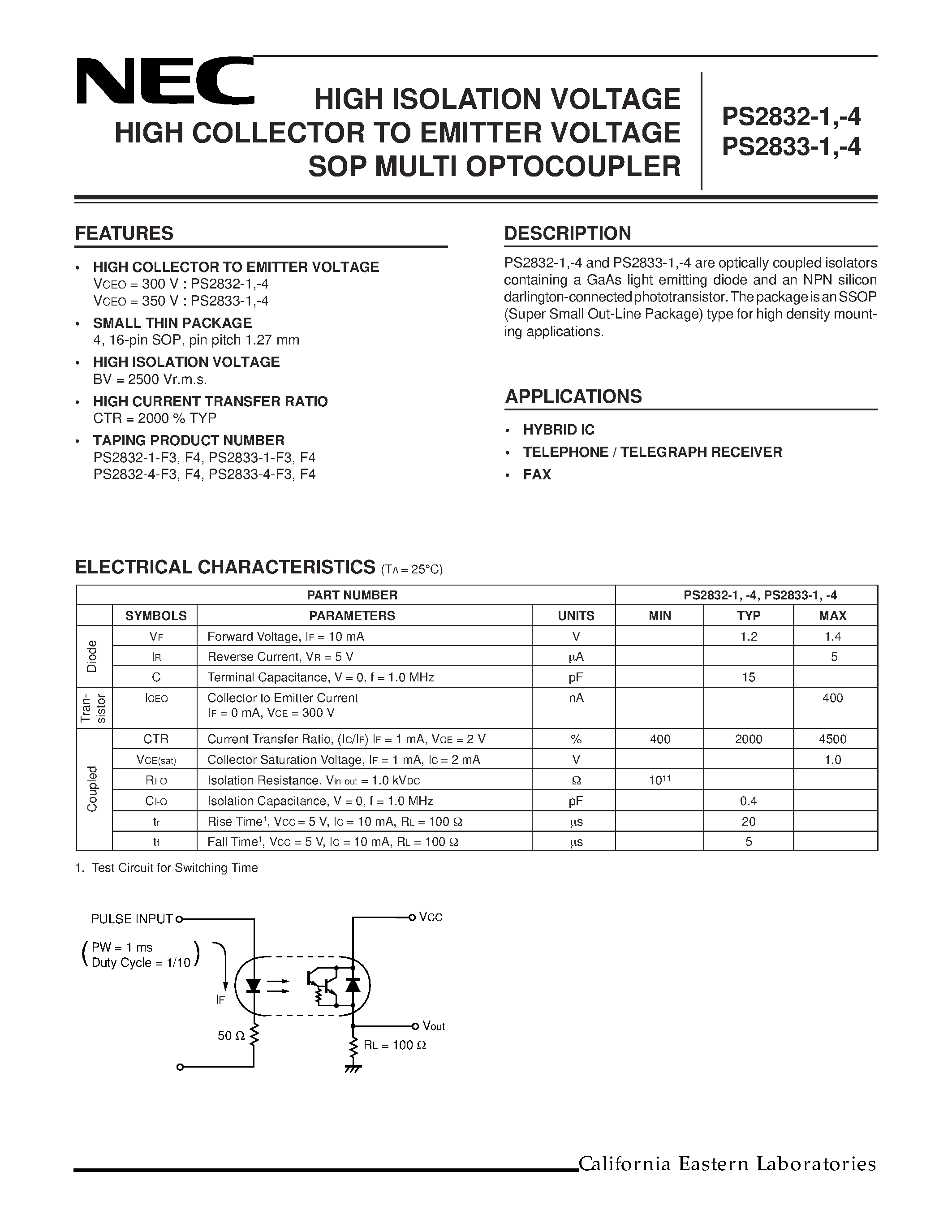 Datasheet PS2833-4 - HIGH ISOLATION VOLTAGE HIGH COLLECTOR TO EMITTER VOLTAGE SOP MULTI OPTOCOUPLER page 1
