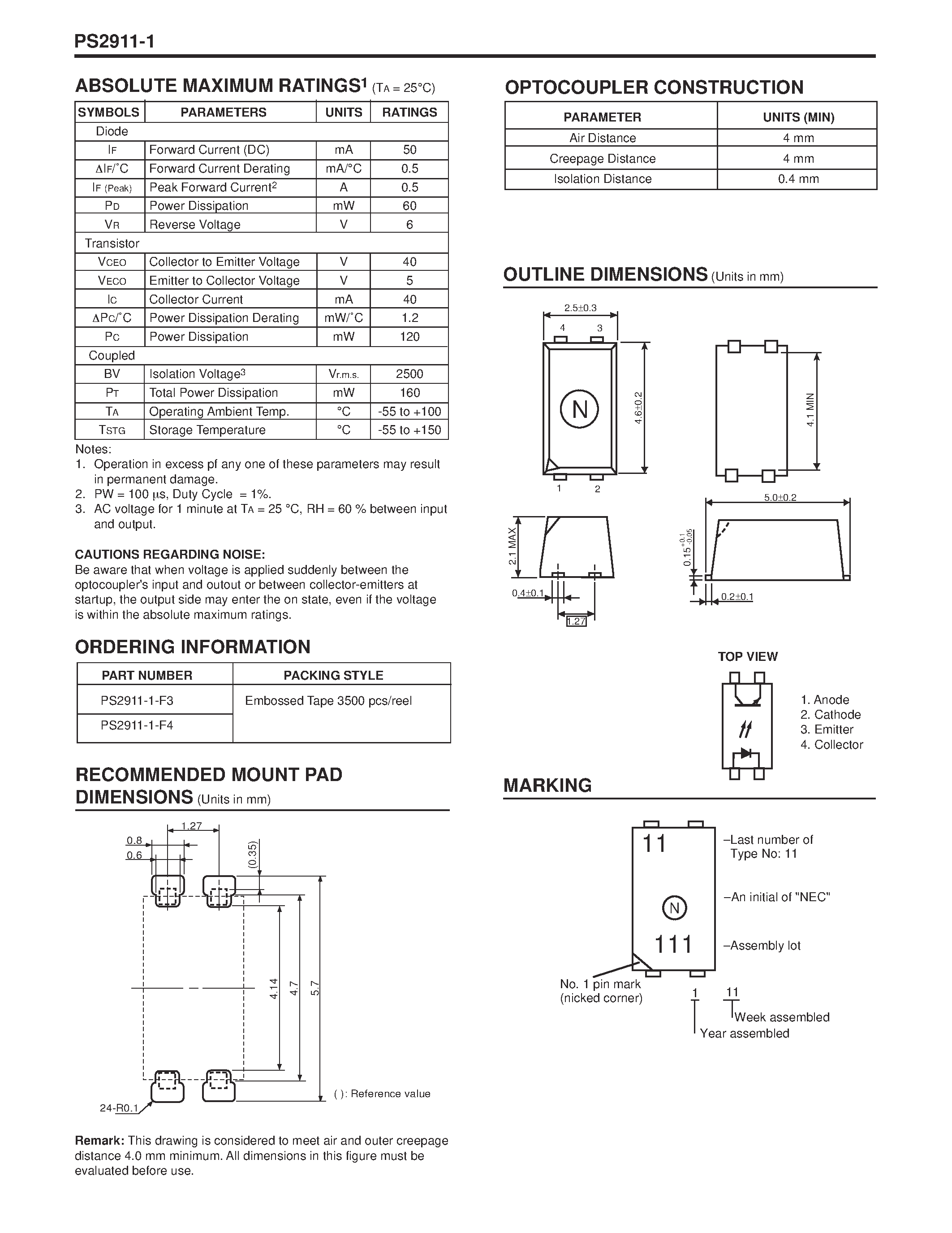 Datasheet PS2911-1-F3 - NECs HIGH CTR / 4 PIN ULTRA SMALL PACKAGE FLAT LEAD OPTOCOUPLER page 2