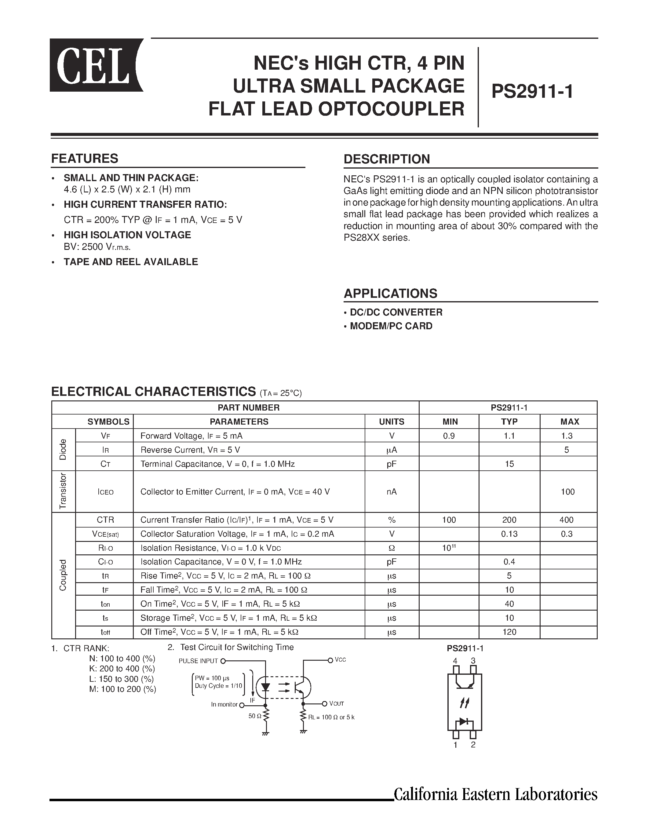 Datasheet PS2911-1-F4 - NECs HIGH CTR / 4 PIN ULTRA SMALL PACKAGE FLAT LEAD OPTOCOUPLER page 1