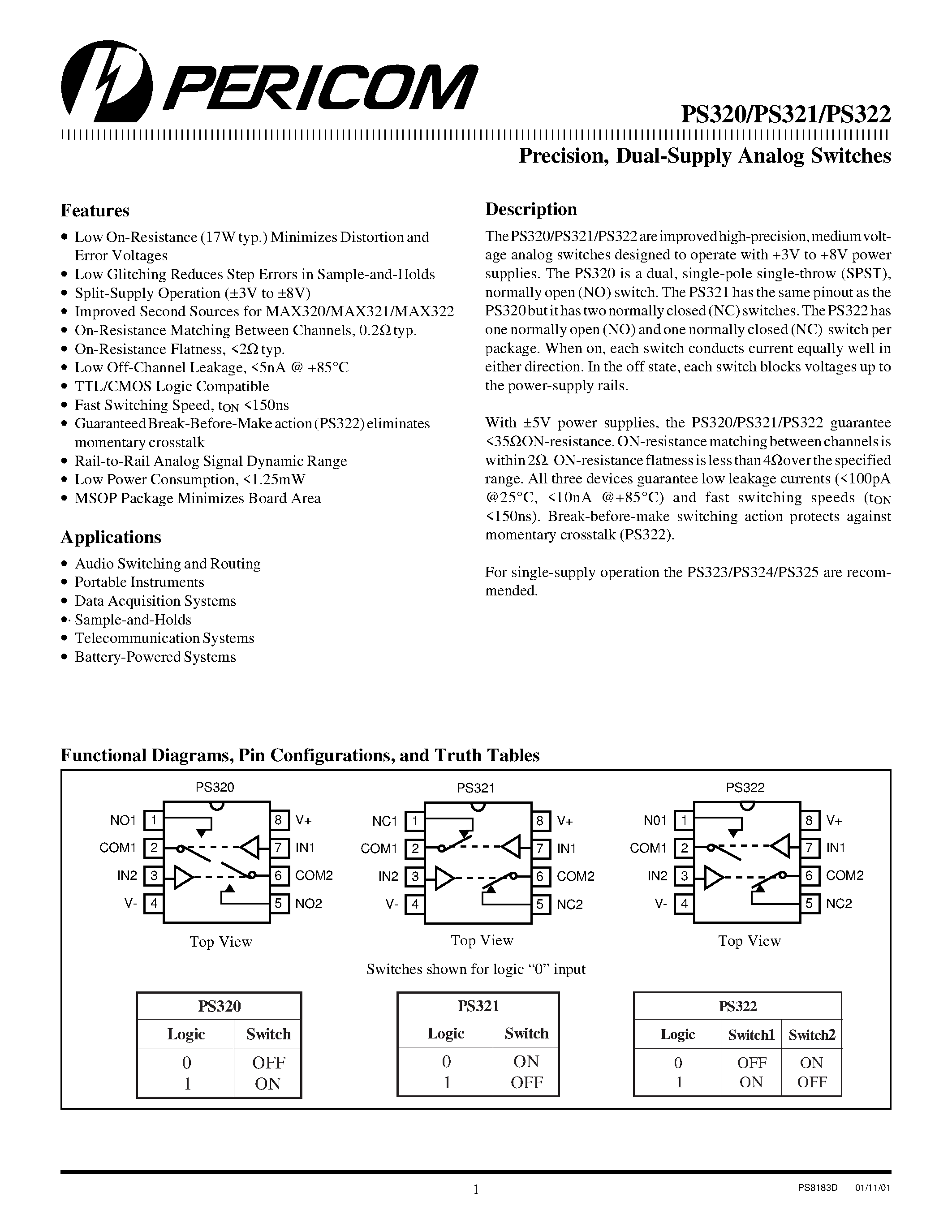 Даташит PS322 - Precision / Dual-Supply Analog Switches страница 1