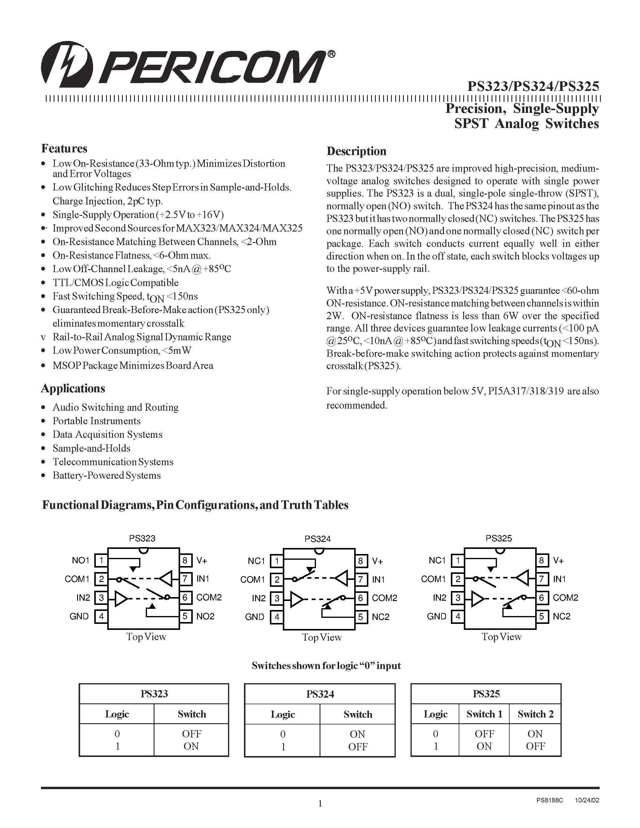 Даташит на микросхему PS323 страница 1 Даташит PS323 - Precision / Single-Supply SPST Analog Switches страница 1
