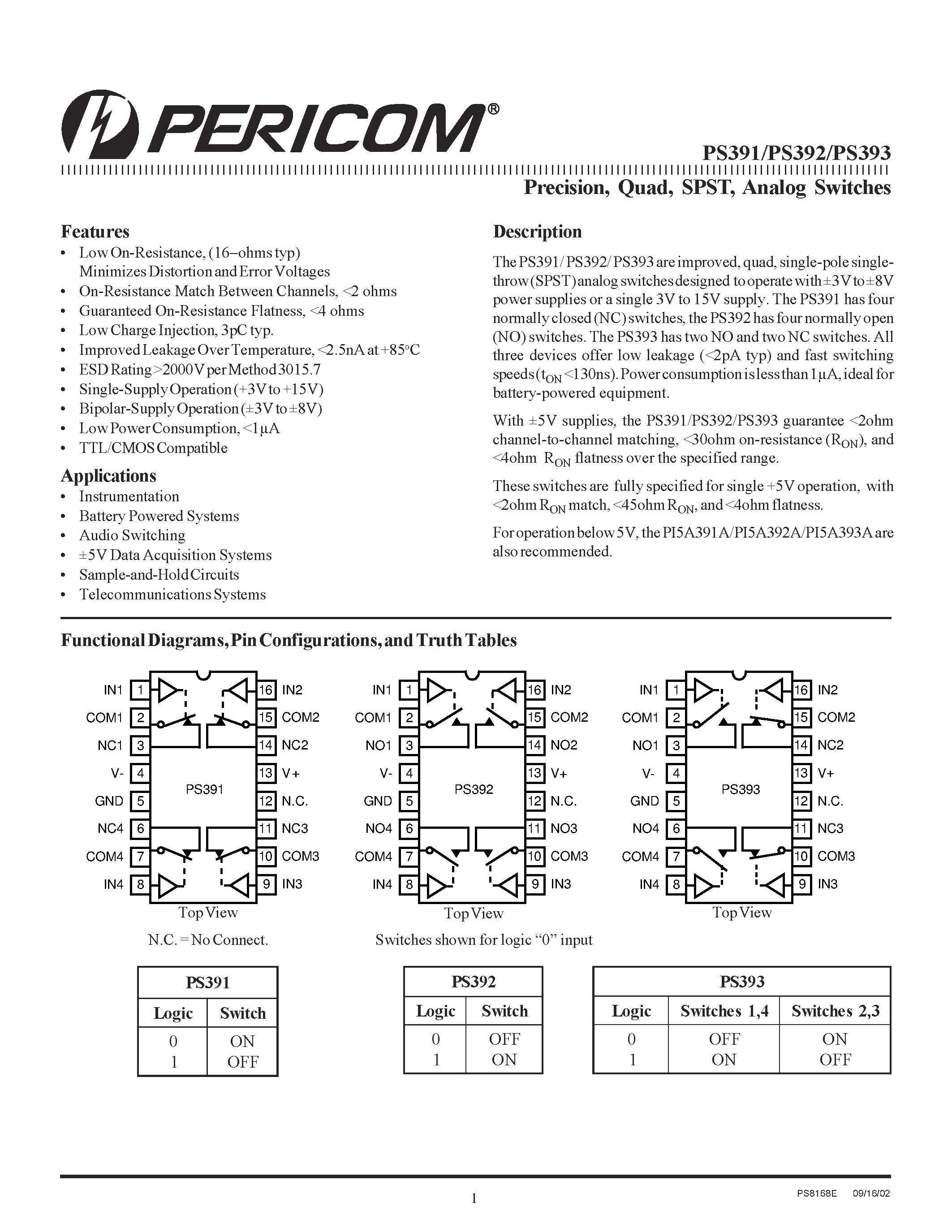 Даташит PS393 - Precision / Quad / SPST / Analog Switches страница 1