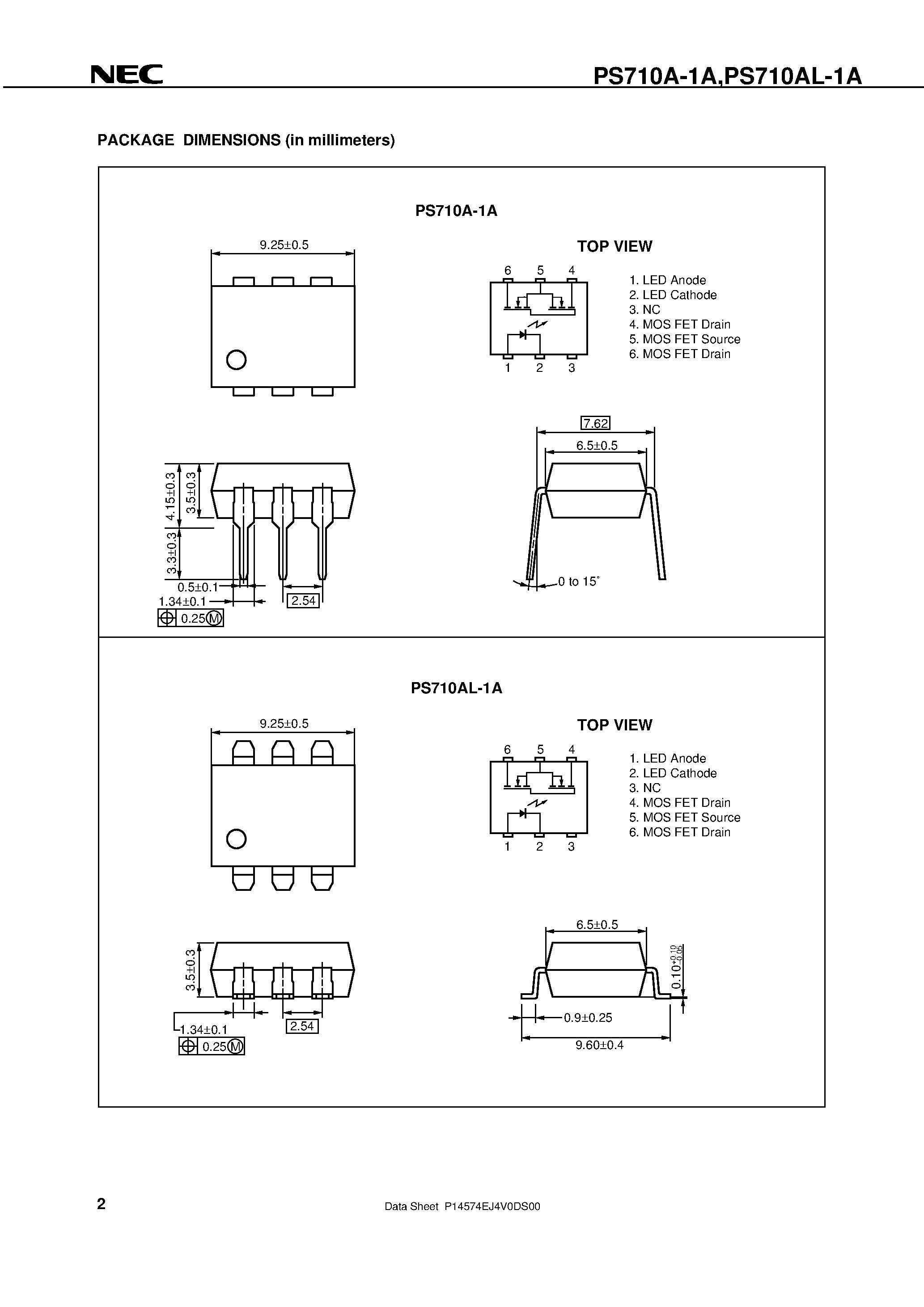 Даташит PS710AL-1A - 6-PIN DIP / 0.1 ohm LOW ON-STATE RESISTANCE 1.8 A CONTINUOUS LOAD CURRENT 1-ch Optical Coupled MOS FET страница 2