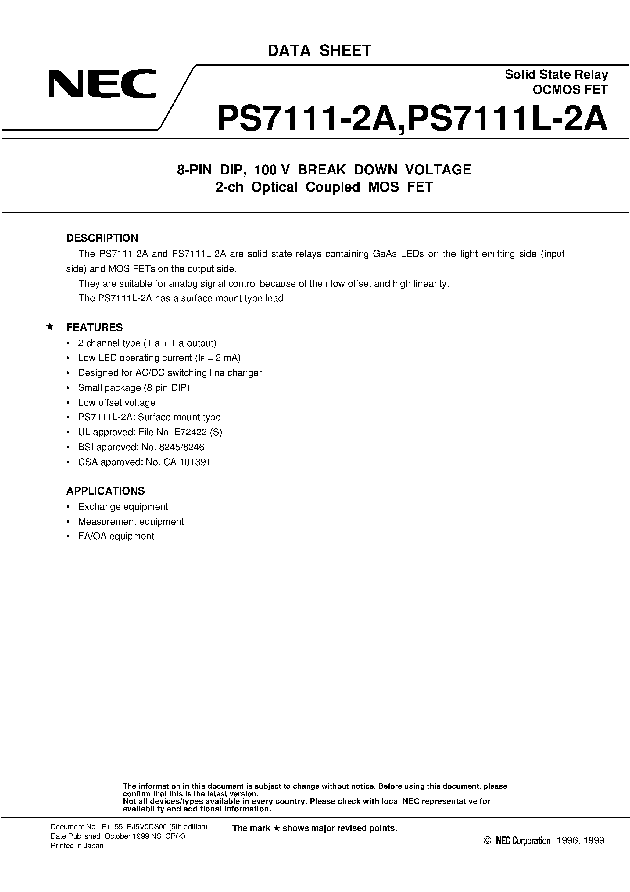Даташит PS7111L-2A-E3 - 8-PIN DIP / 100 V BREAK DOWN VOLTAGE 2-ch Optical Coupled MOS FET страница 1