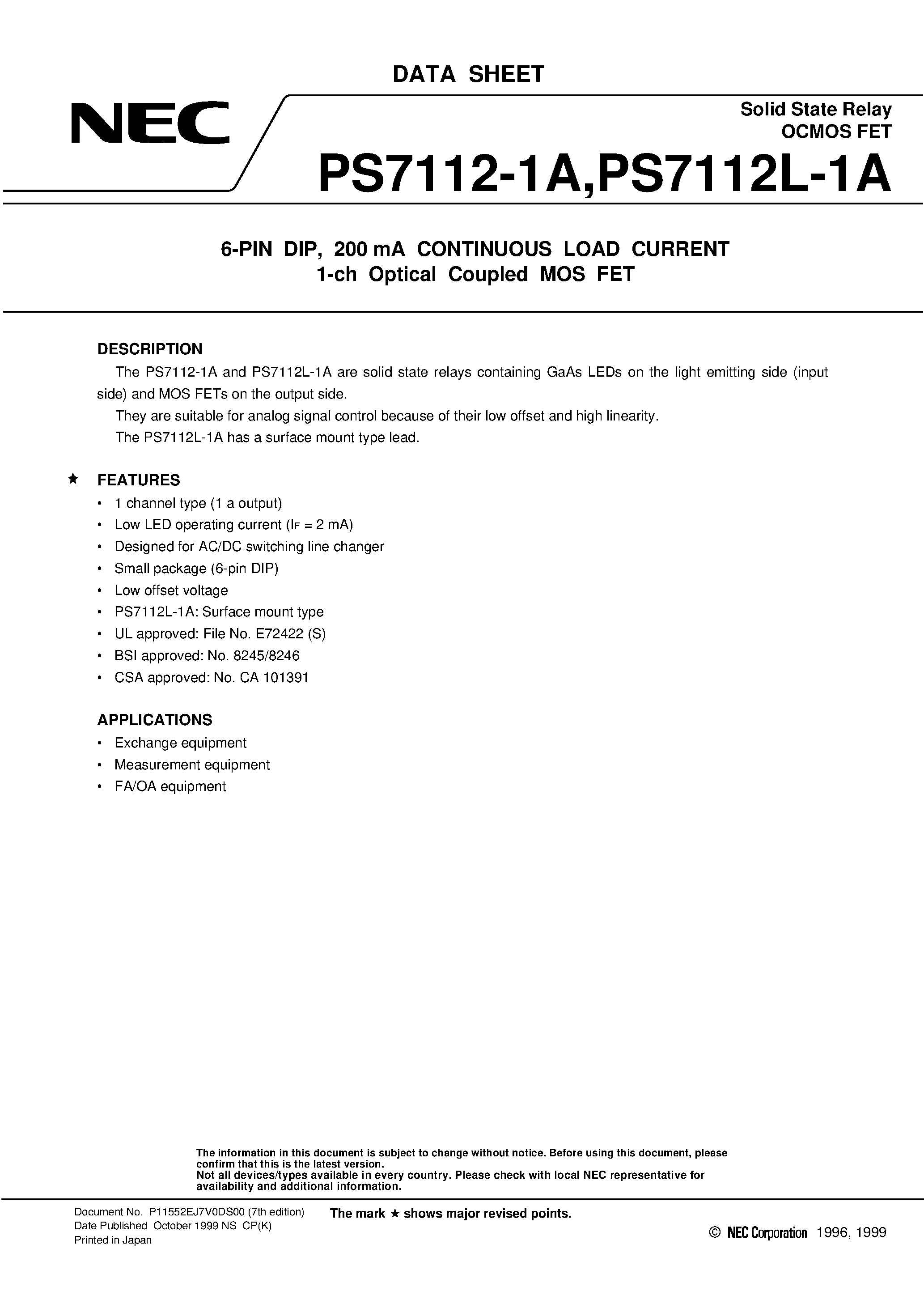 Datasheet PS7112L - 6-PIN DIP / 200 mA CONTINUOUS LOAD CURRENT 1-ch Optical Coupled MOS FET page 1