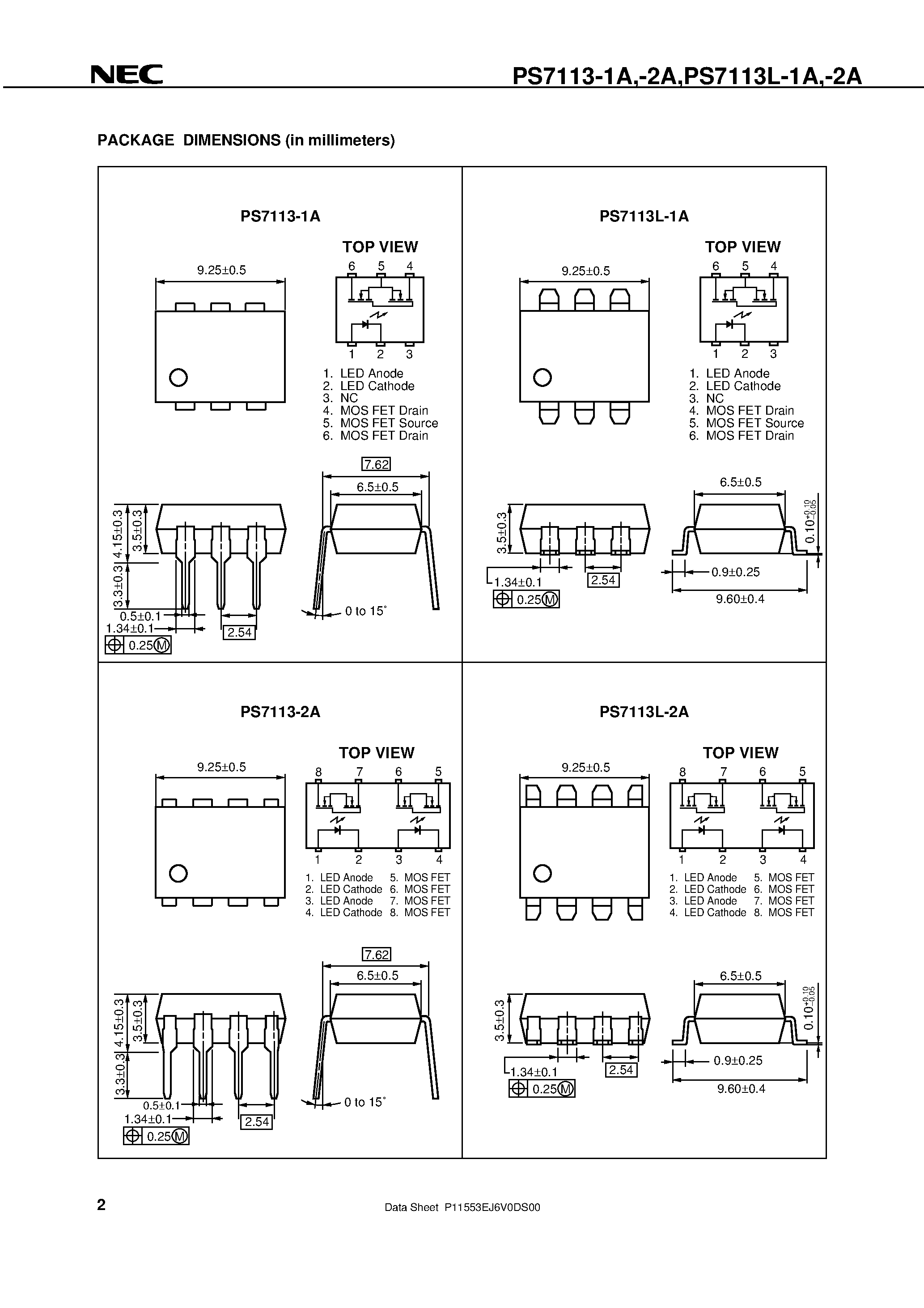 Datasheet PS7113L-1A-E3 - 6 / 8-PIN DIP / 350 mA CONTINUOUS LOAD CURRENT 1-ch / 2-ch Optical Coupled MOS FET page 2