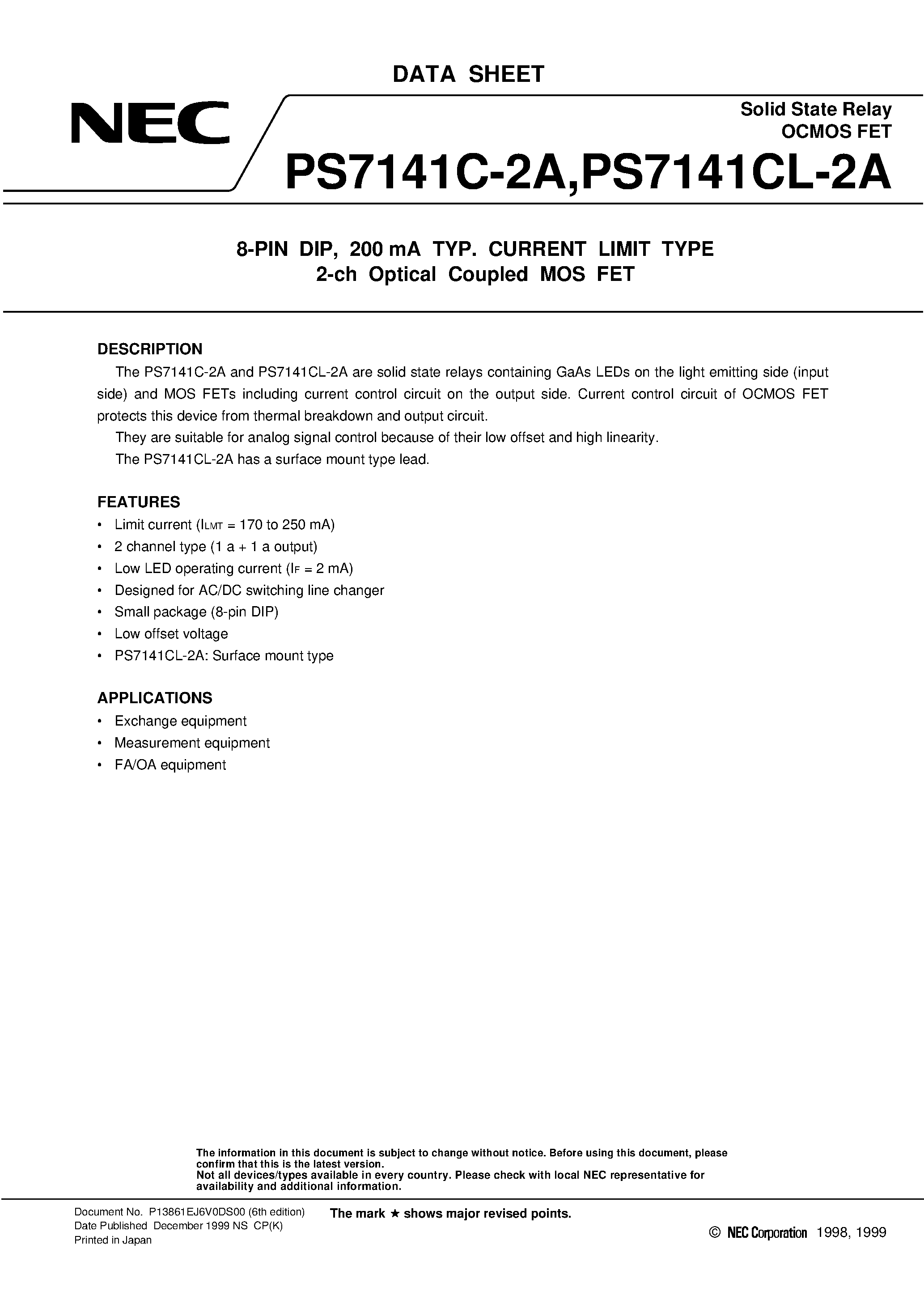 Datasheet PS7141CL-2A-E4 - 8-PIN DIP / 200 mA TYP. CURRENT LIMIT TYPE 2-ch Optical Coupled MOS FET page 1