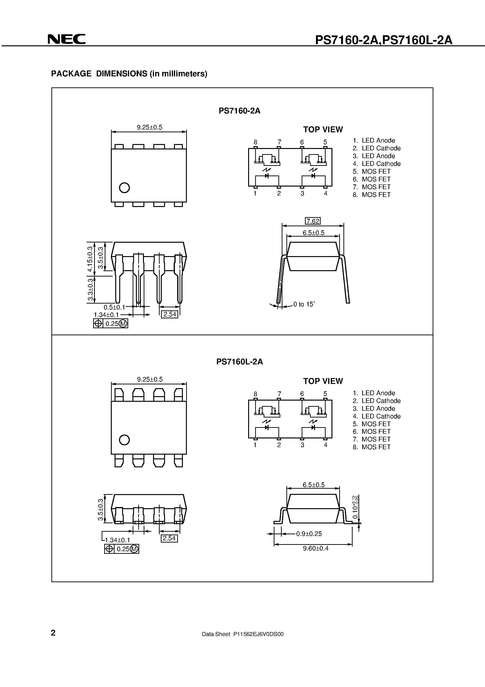 Datasheet PS7160L-2A-E4 - 8-PIN DIP / 600 V BREAK DOWN VOLTAGE 2-ch Optical Coupled MOS FET page 2