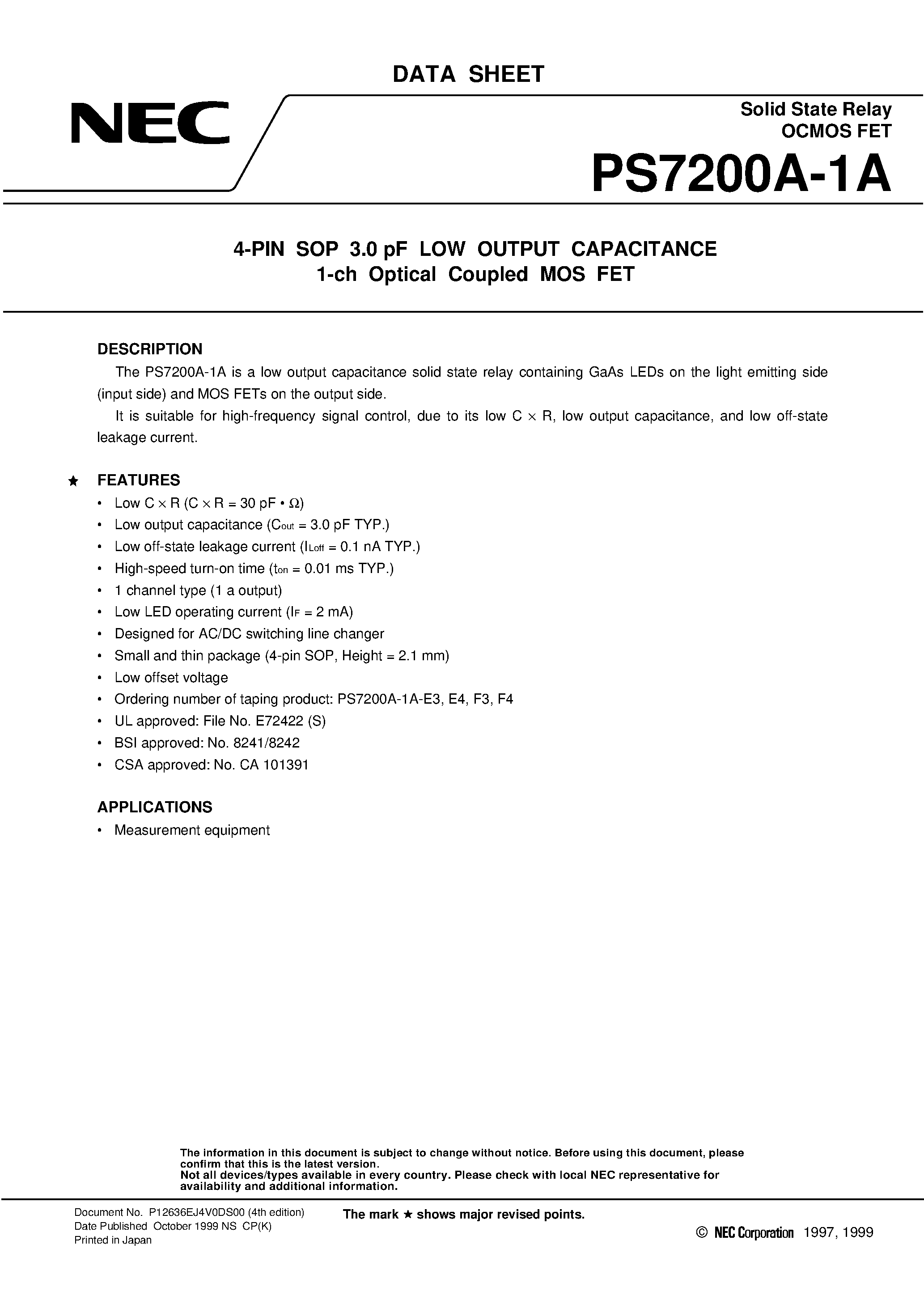 Datasheet PS7200A-1A-E3 - 4-PIN SOP 3.0 pF LOW OUTPUT CAPACITANCE 1-ch Optical Coupled MOS FET page 1