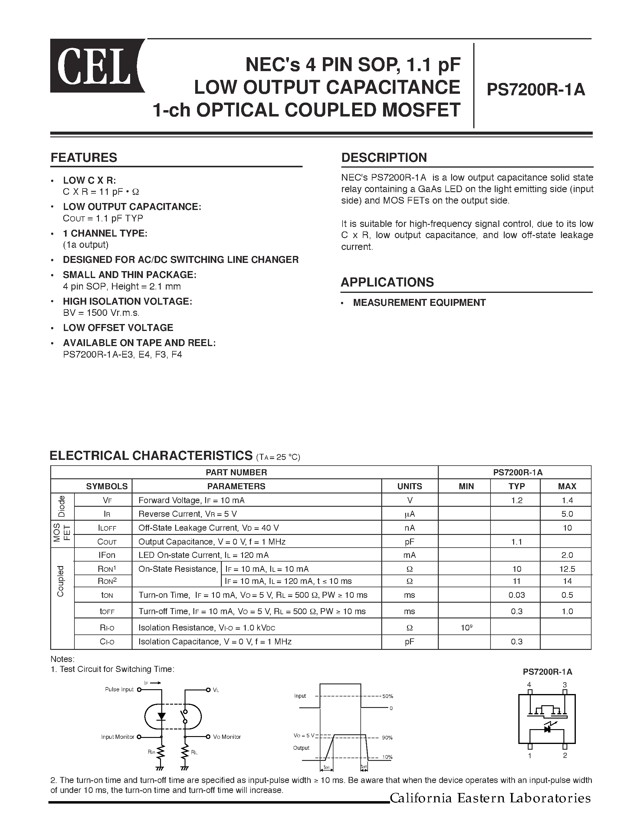 Datasheet PS7200R-1A - NECs 4 PIN SOP / 1.1 pF LOW OUTPUT CAPACITANCE 1-ch OPTICAL COUPLED MOSFET page 1