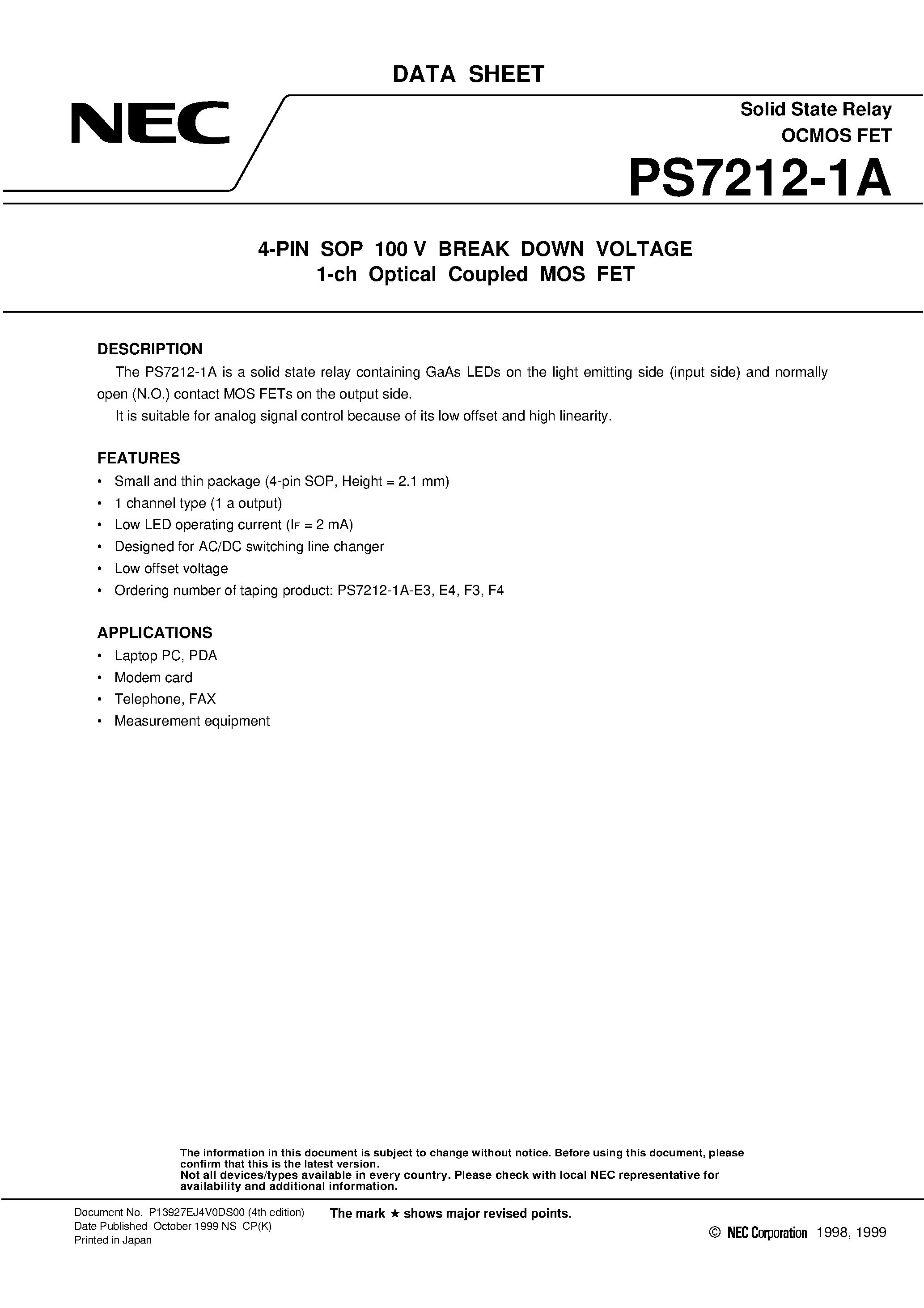 Datasheet PS7212-1A - 4-PIN SOP 100 V BREAK DOWN VOLTAGE 1-ch Optical Coupled MOS FET page 1