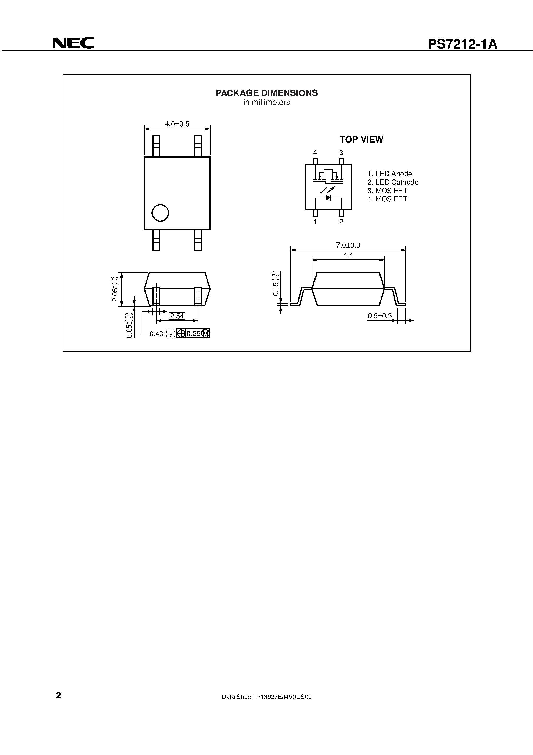 Datasheet PS7212-1A-F4 - 4-PIN SOP 100 V BREAK DOWN VOLTAGE 1-ch Optical Coupled MOS FET page 2