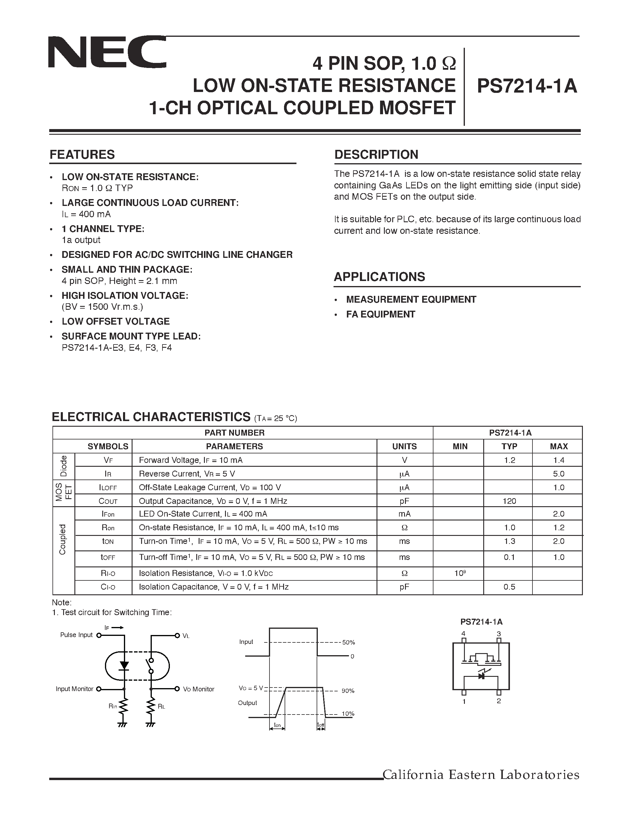 Datasheet PS7214-1A - 4 PIN SOP / 1.0 LOW ON-STATE RESISTANCE 1-CH OPTICAL COUPLED MOSFET page 1