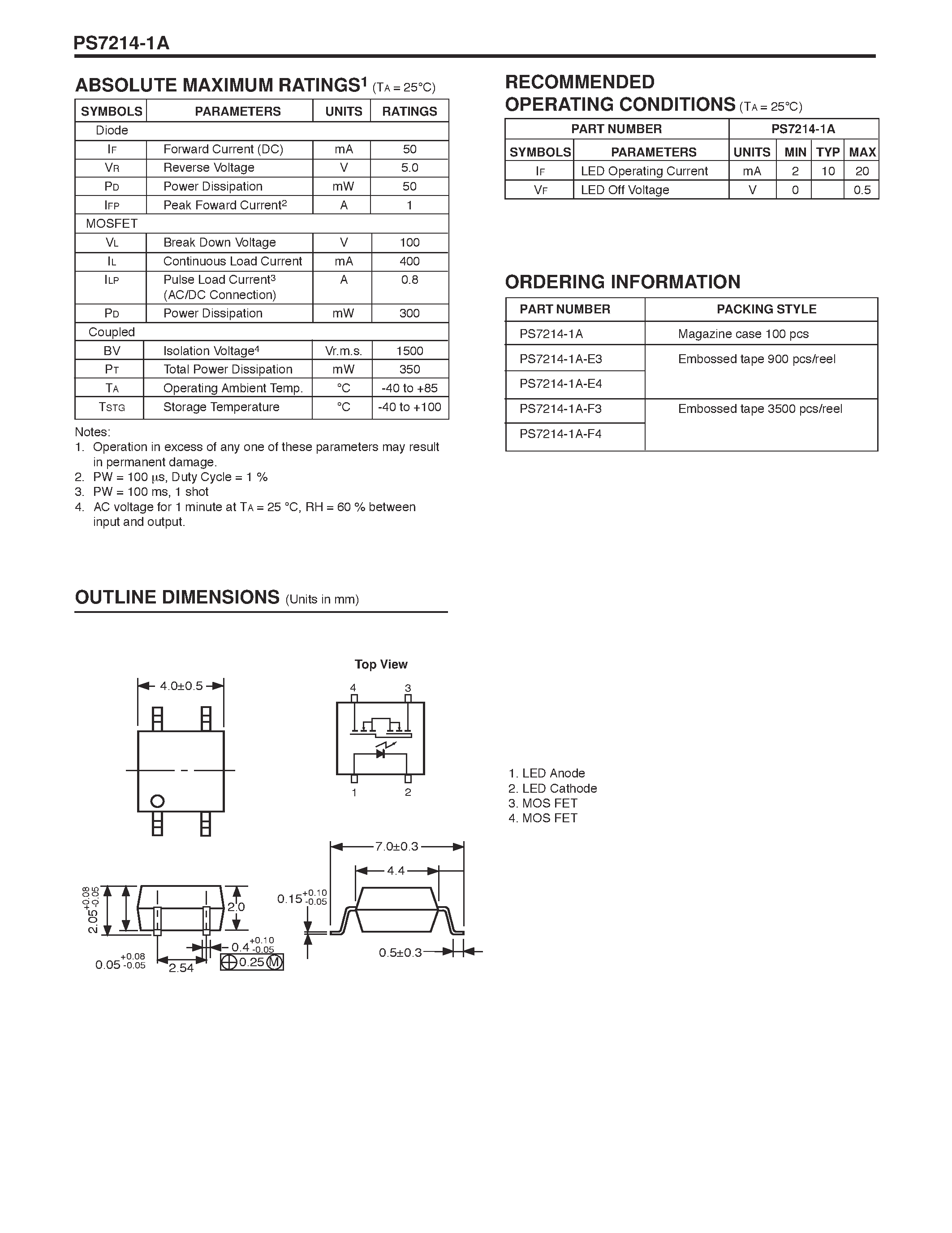 Datasheet PS7214-1A-F3 - 4 PIN SOP / 1.0 LOW ON-STATE RESISTANCE 1-CH OPTICAL COUPLED MOSFET page 2
