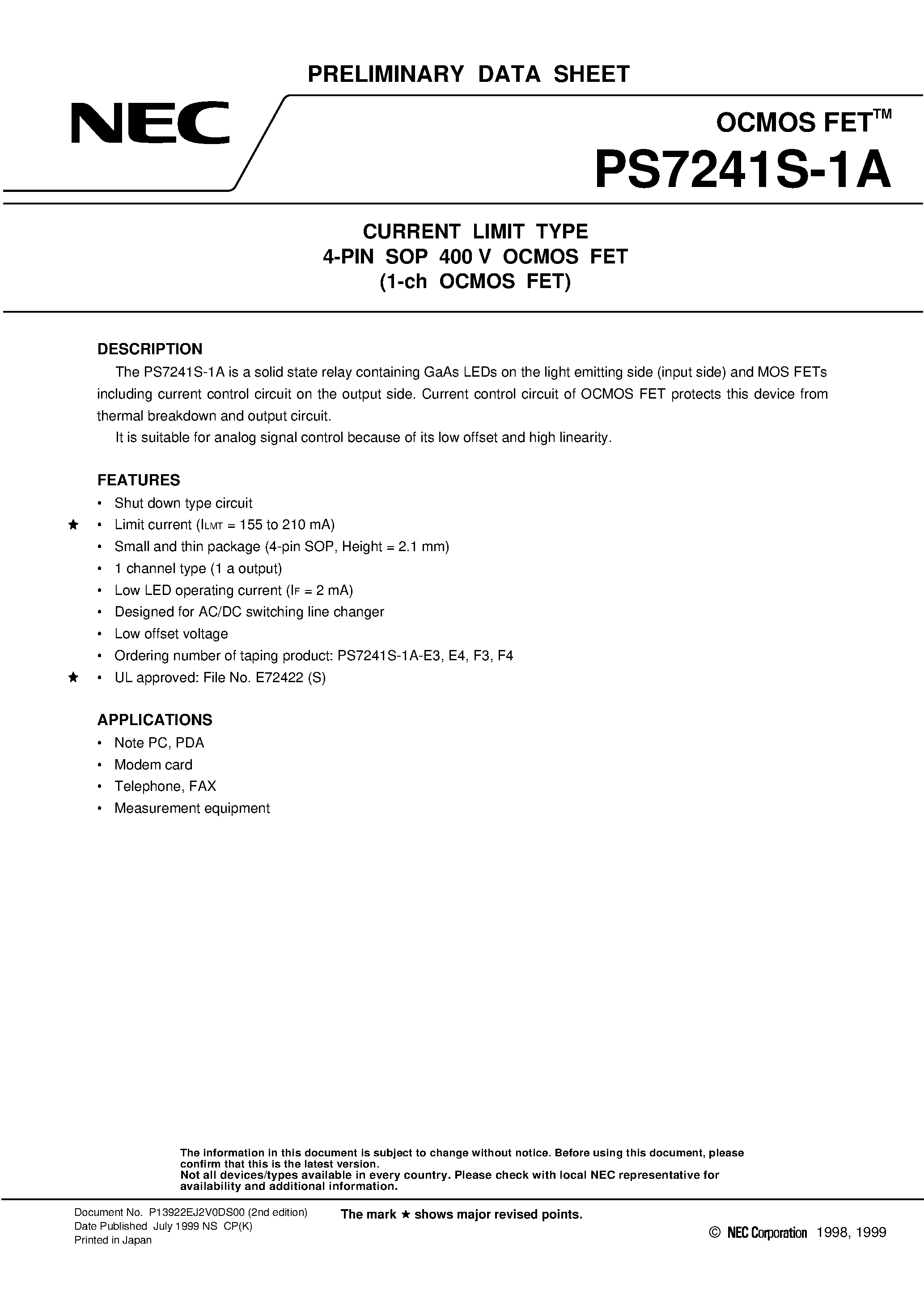Datasheet PS7241S-1A-F3 - CURRENT LIMIT TYPE 4-PIN SOP 400 V OCMOS FET 1-ch OCMOS FET page 1