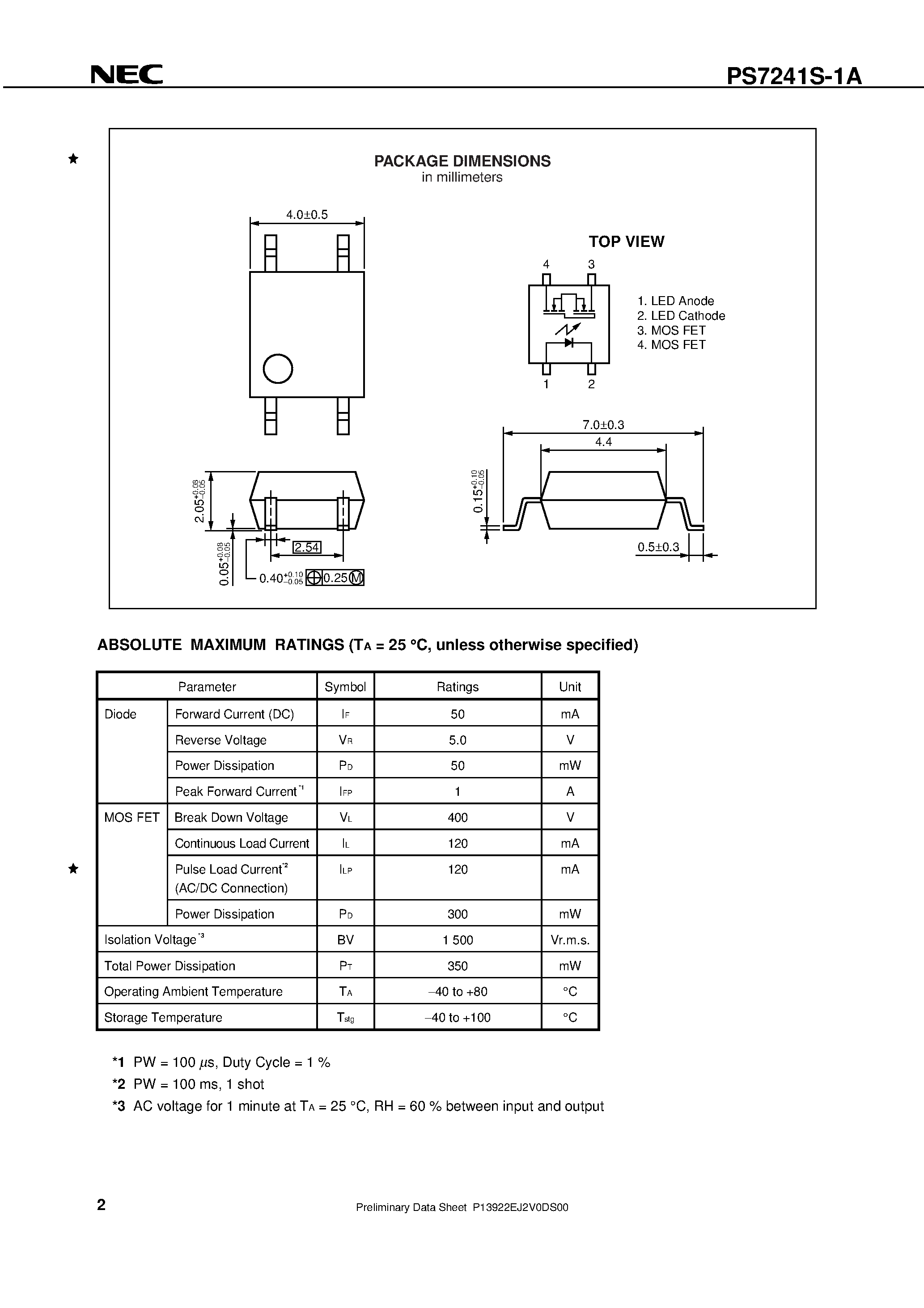 Datasheet PS7241S-1A-F3 - CURRENT LIMIT TYPE 4-PIN SOP 400 V OCMOS FET 1-ch OCMOS FET page 2