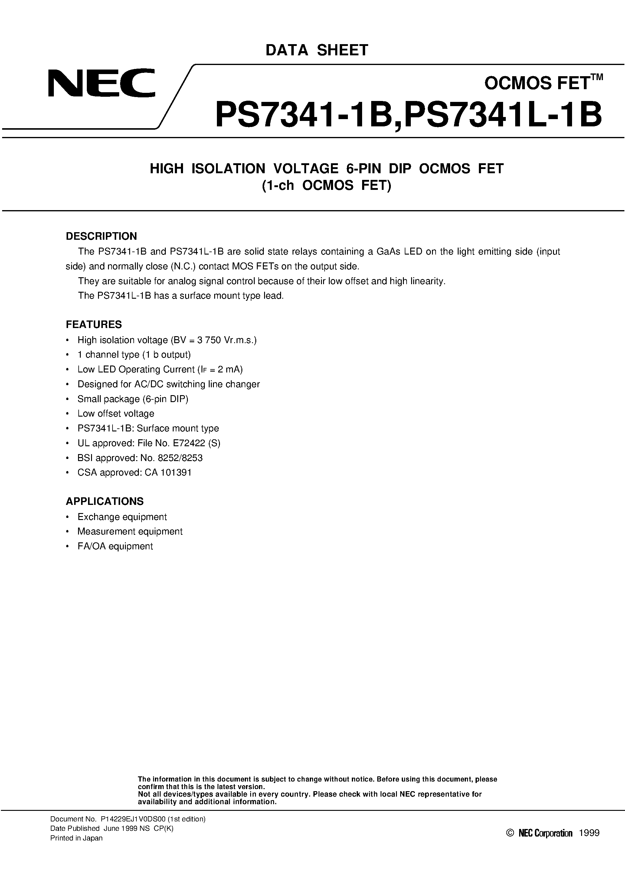 Datasheet PS7341-1B - HIGH ISOLATION VOLTAGE 6-PIN DIP OCMOS FET 1-ch OCMOS FET page 1