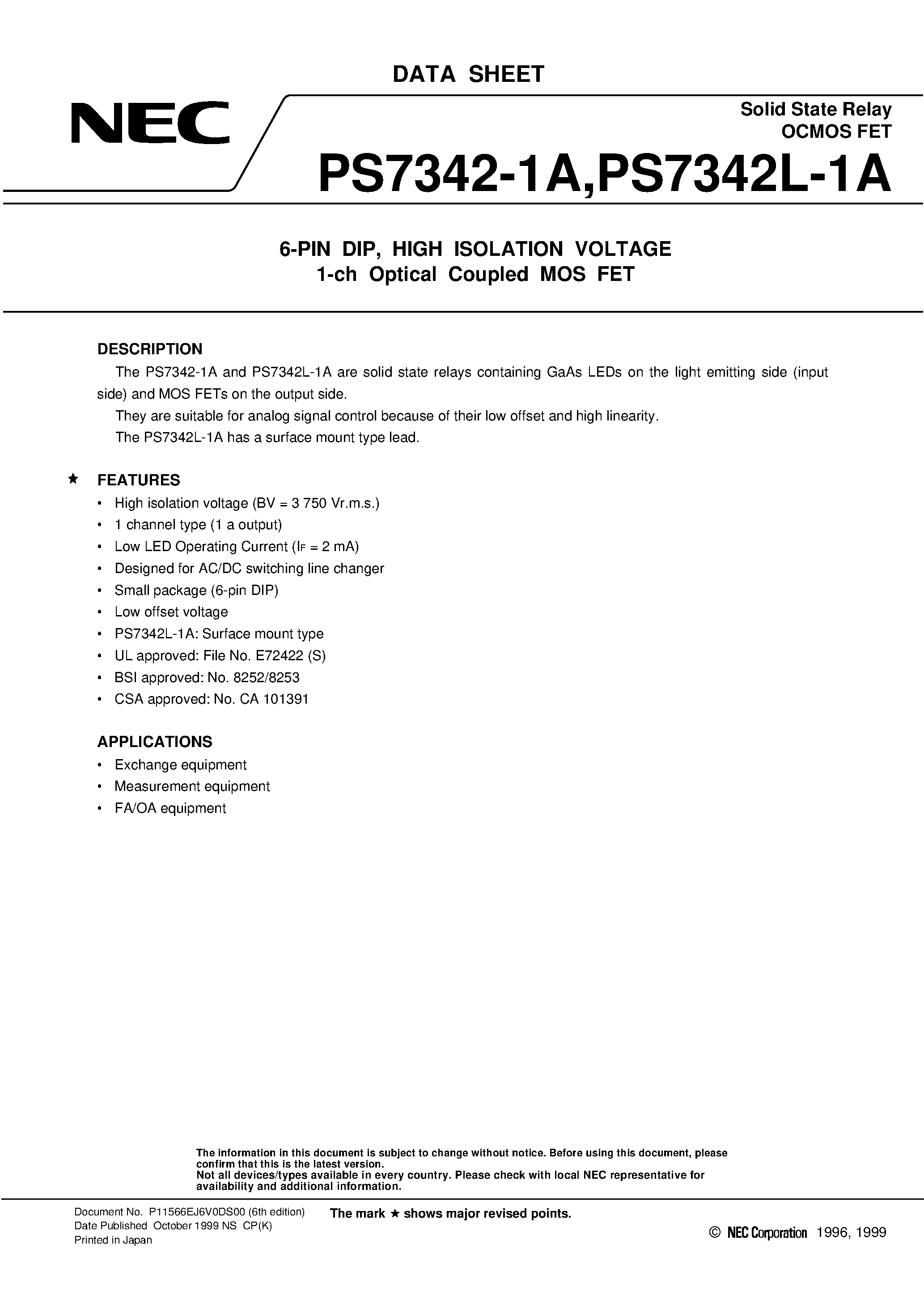 Datasheet PS7342-1A - 6-PIN DIP / HIGH ISOLATION VOLTAGE 1-ch Optical Coupled MOS FET page 1