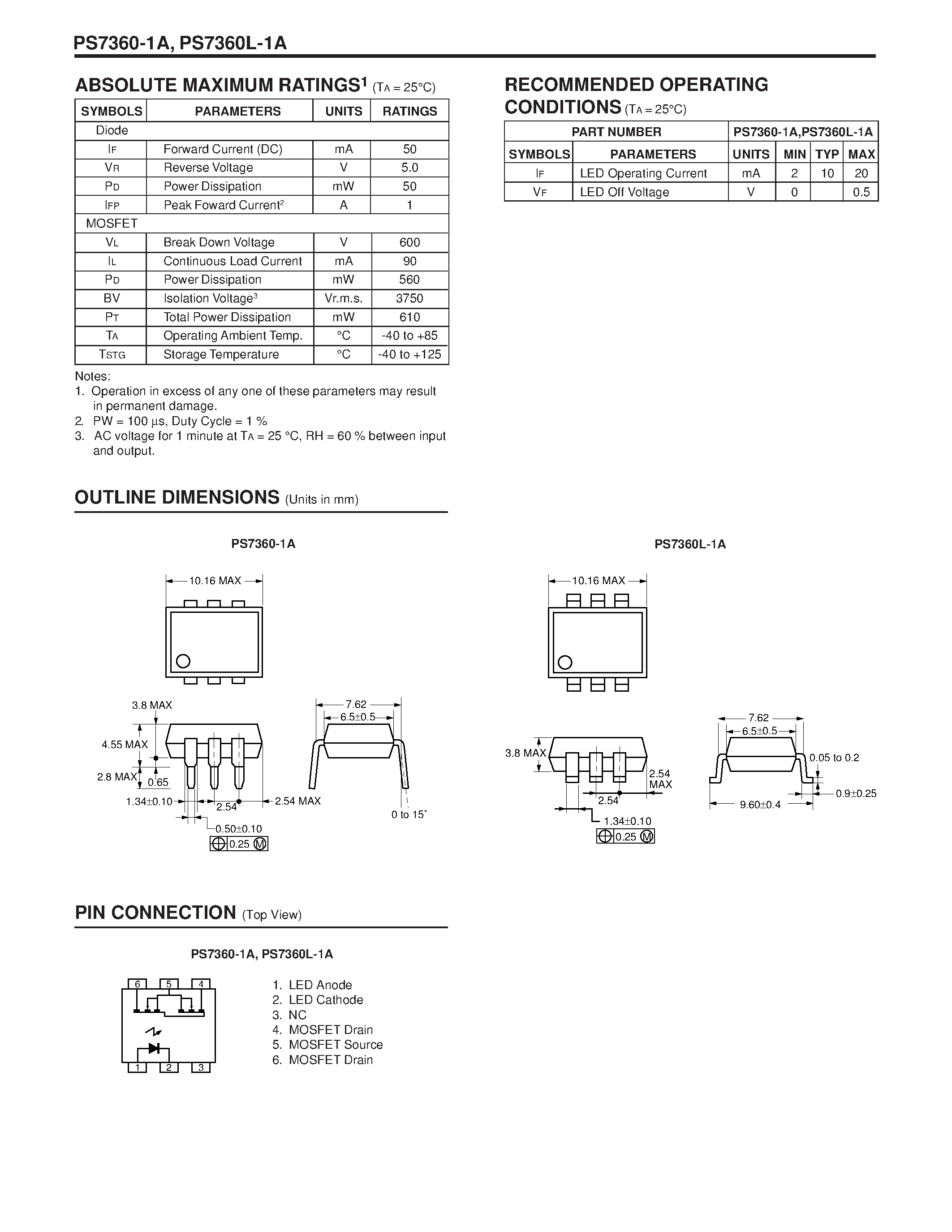 Datasheet PS7360 page 2 Datasheet PS7360 - HIGH ISOLATION VOLTAGE 6 PIN DIP SOLID STATE RELAY page 2