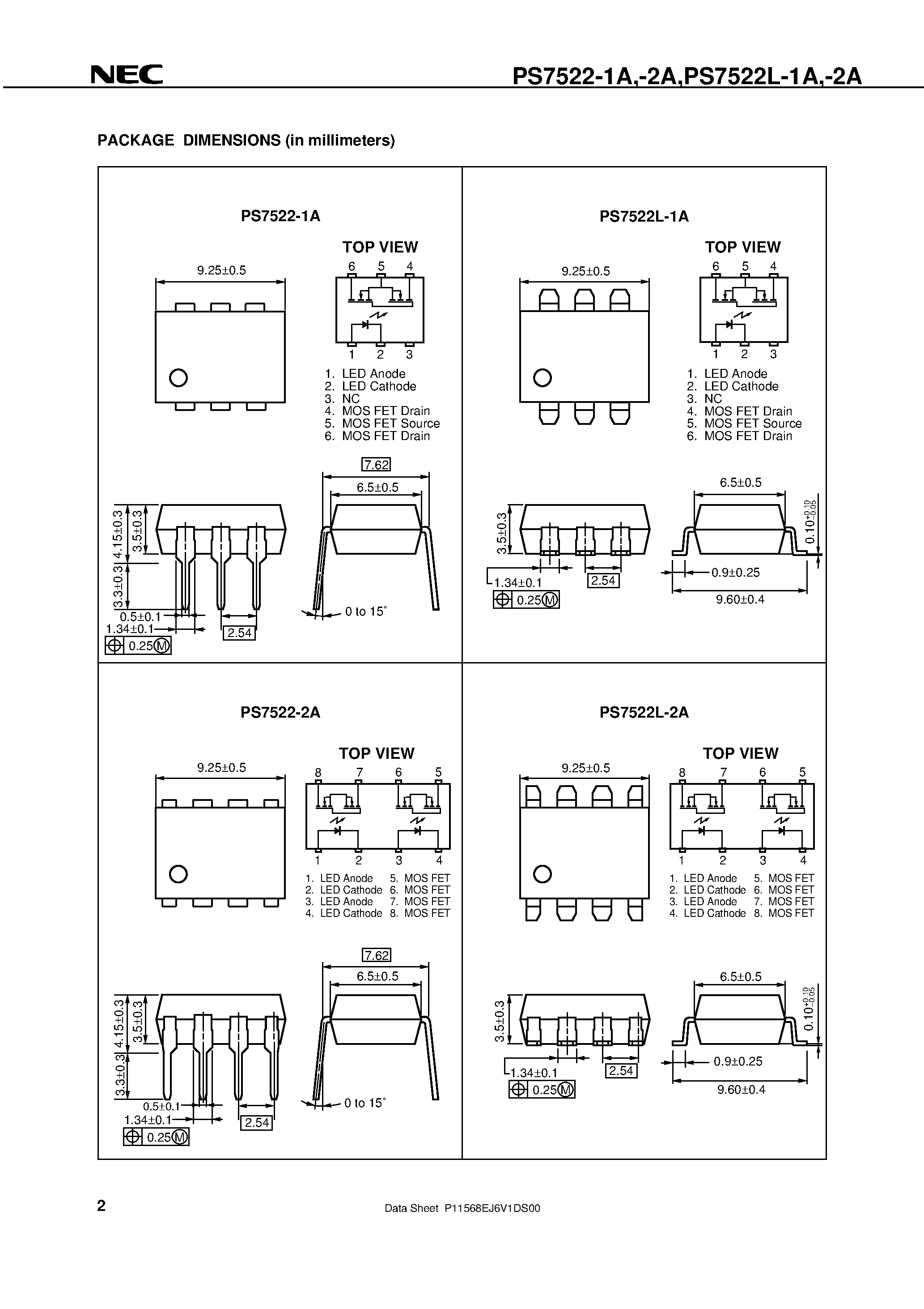 Datasheet PS7522L-1A-E4 - 6 / 8-PIN DIP / SLOW SWITCHING TYPE 1-ch / 2-ch Optical Coupled MOS FET page 2