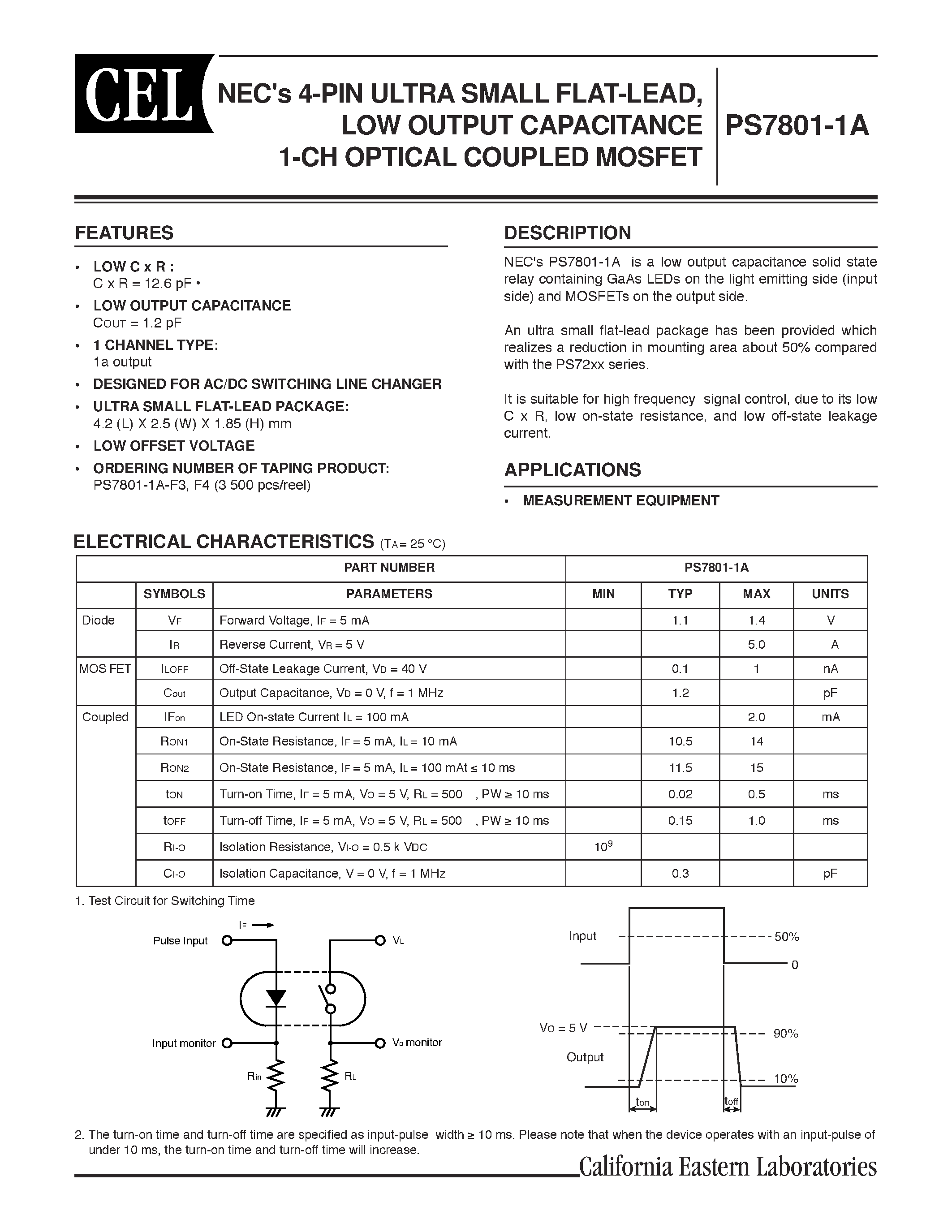 Datasheet PS7801-1A - NECs 4-PIN ULTRA SMALL FLAT-LEAD / LOW OUTPUT CAPACITANCE 1-CH OPTICAL COUPLED MOSFET page 1
