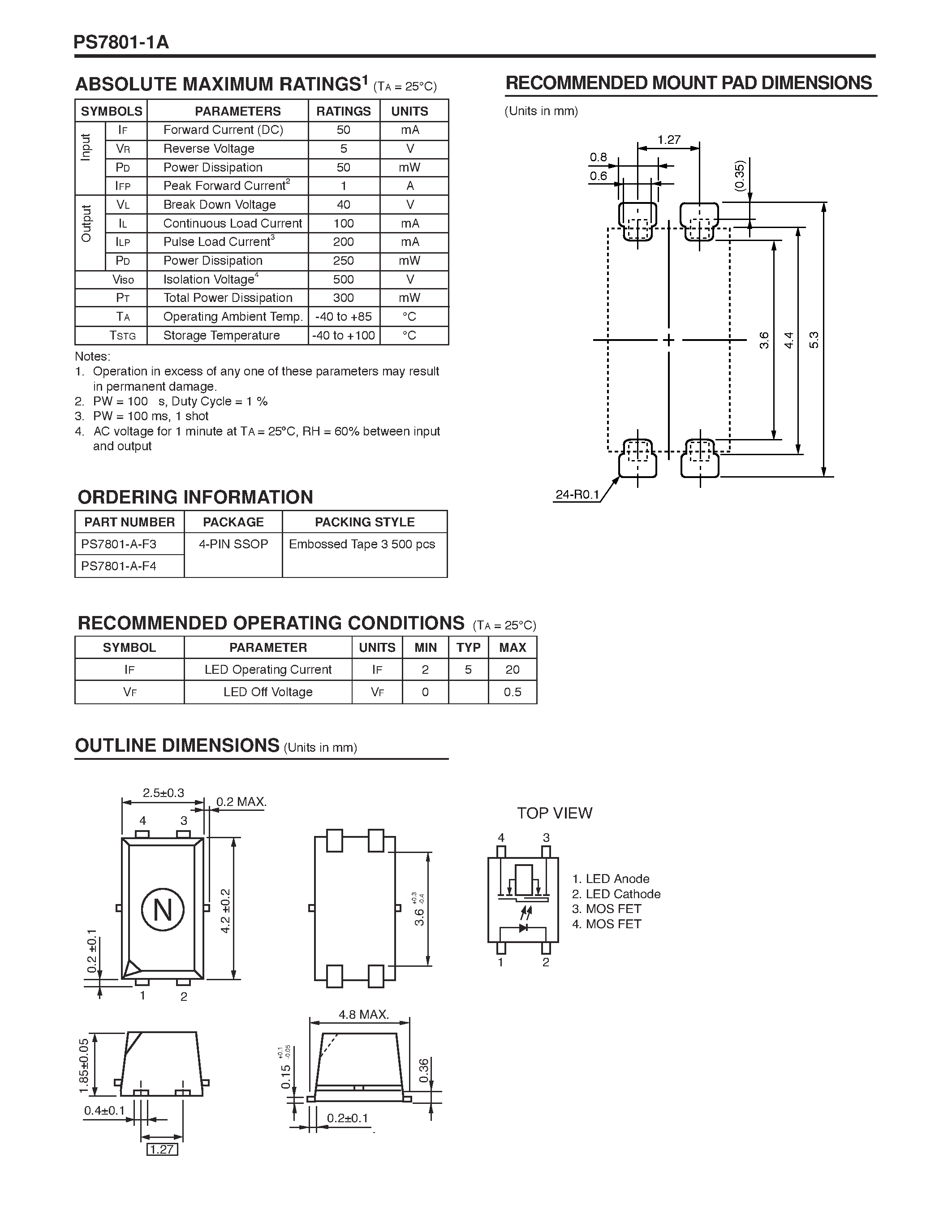 Datasheet PS7801-1A - NECs 4-PIN ULTRA SMALL FLAT-LEAD / LOW OUTPUT CAPACITANCE 1-CH OPTICAL COUPLED MOSFET page 2