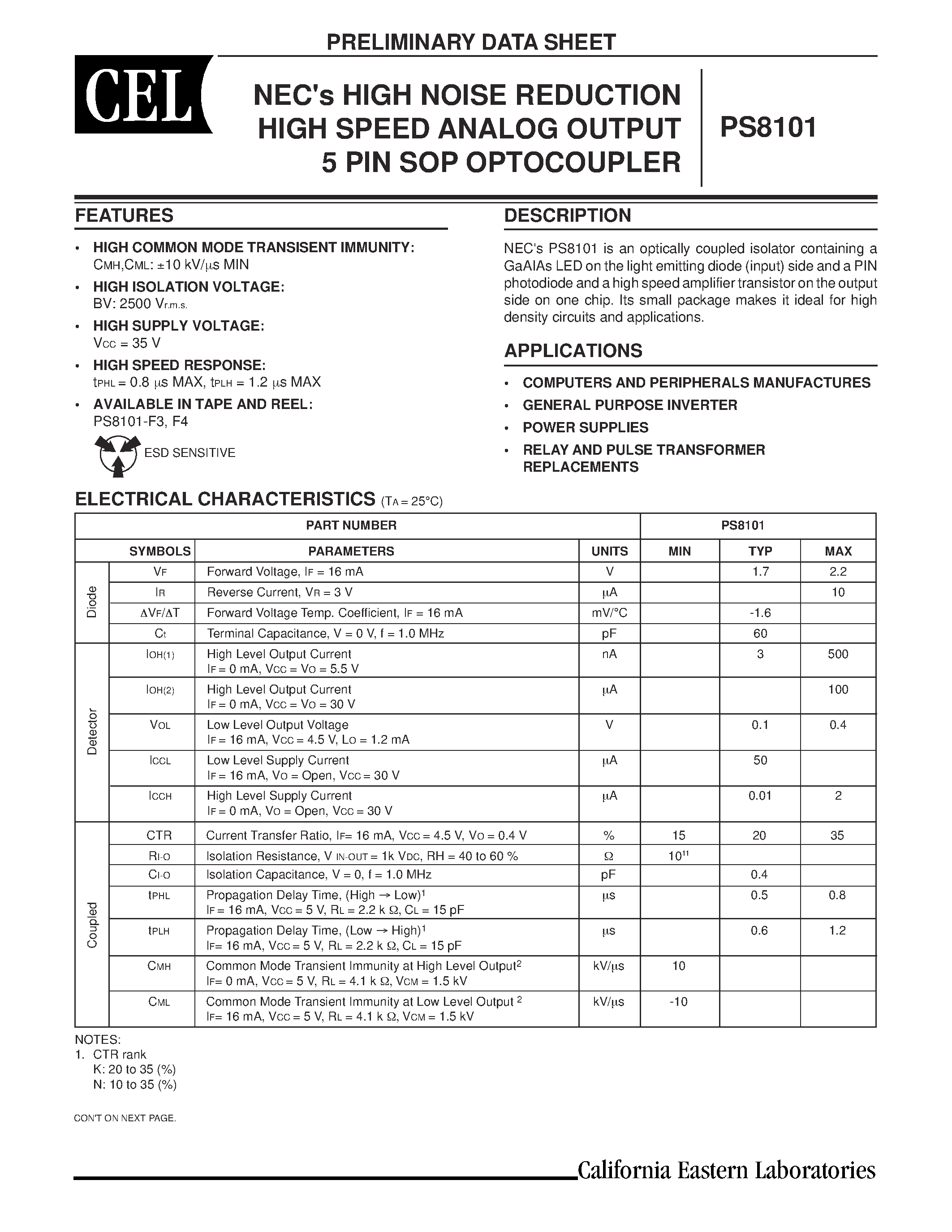 Datasheet PS8101-F4 - NECs HIGH NOISE REDUCTION HIGH SPEED ANALOG OUTPUT 5 PIN SOP OPTOCOUPLER page 1