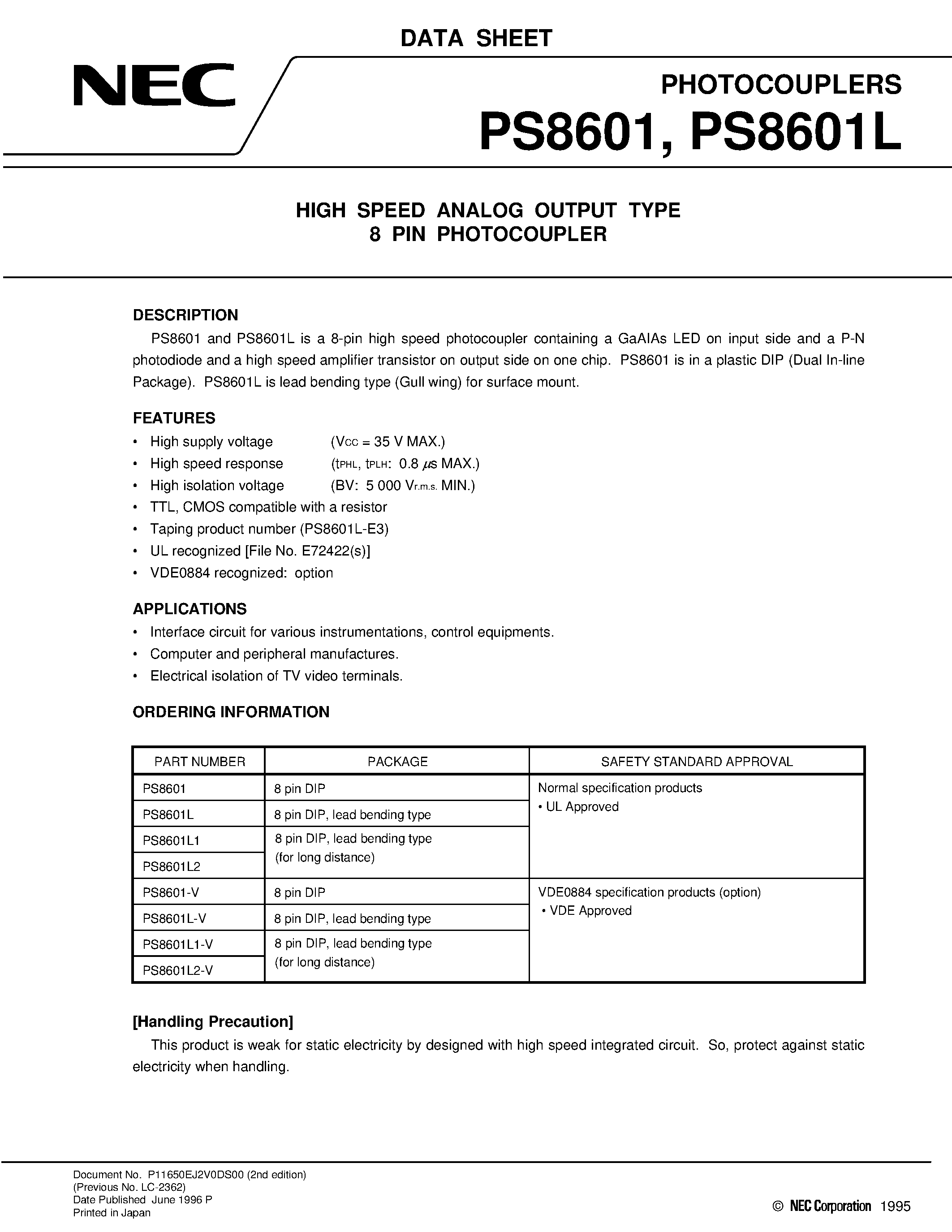 Datasheet PS8601L1-V page 1 Datasheet PS8601L1-V - HIGH SPEED ANALOG OUTPUT TYPE 8 PIN PHOTOCOUPLER page 1