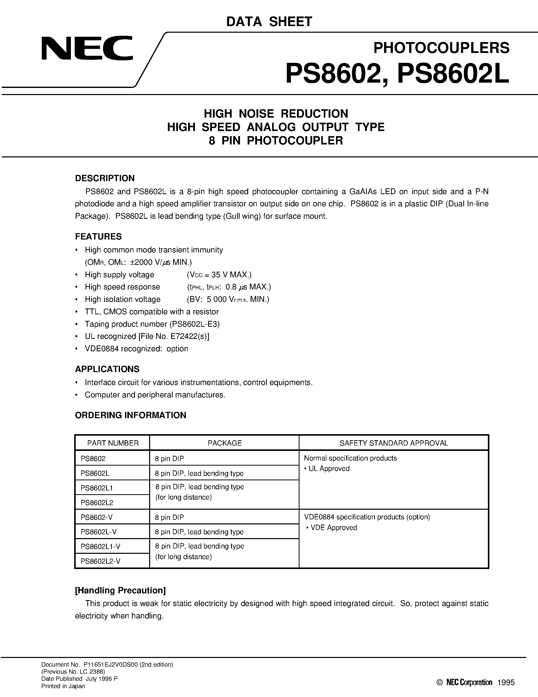 Datasheet PS8602L1-V page 1 Datasheet PS8602L1-V - HIGH NOISE REDUCTION HIGH SPEED ANALOG OUTPUT TYPE 8 PIN PHOTOCOUPLER page 1