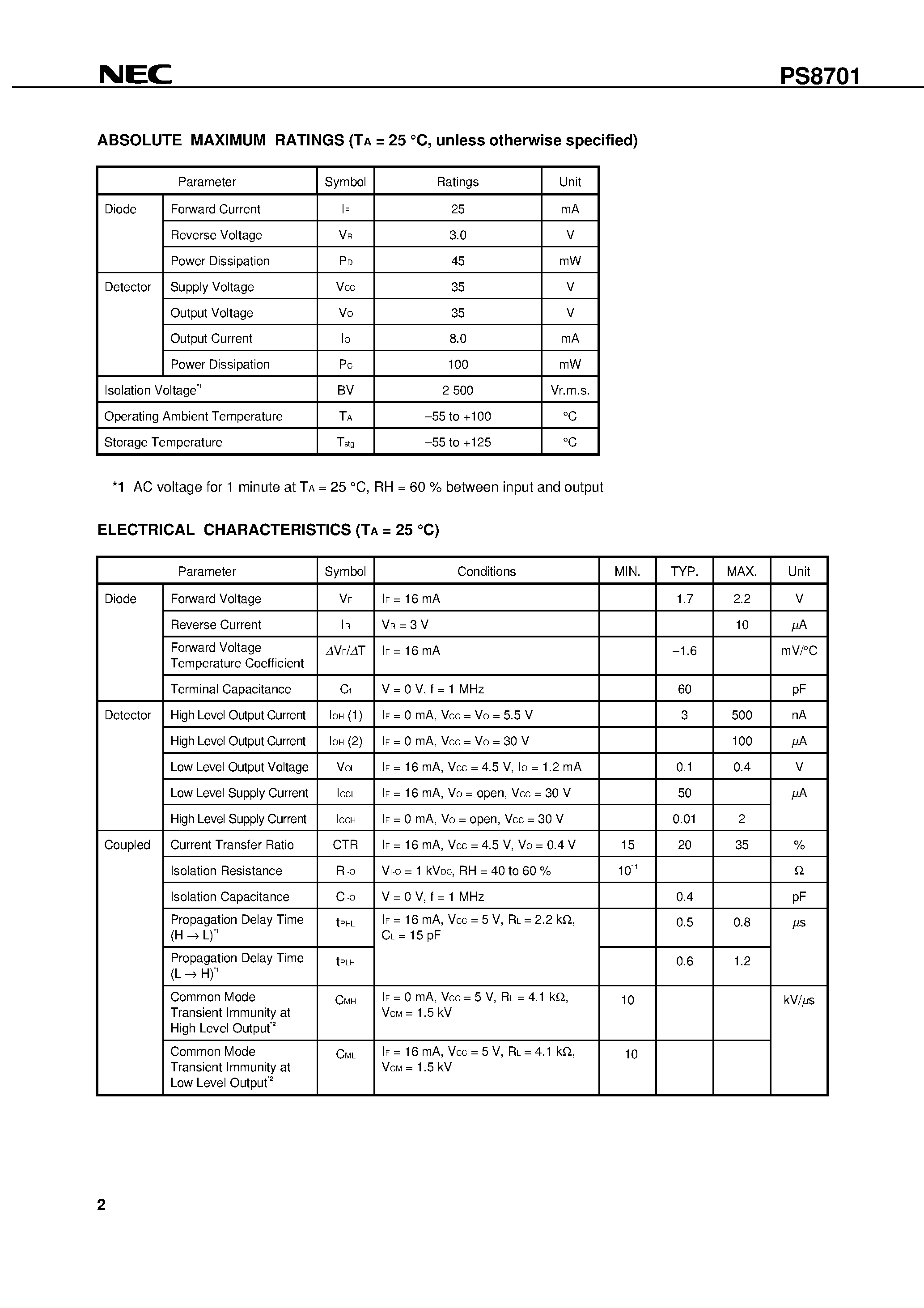 Datasheet PS8701-E3 - HIGH NOISE REDUCTION HIGH-SPEED ANALOG OUTPUT TYPE 5-PIN SOP PHOTOCOUPLER page 2
