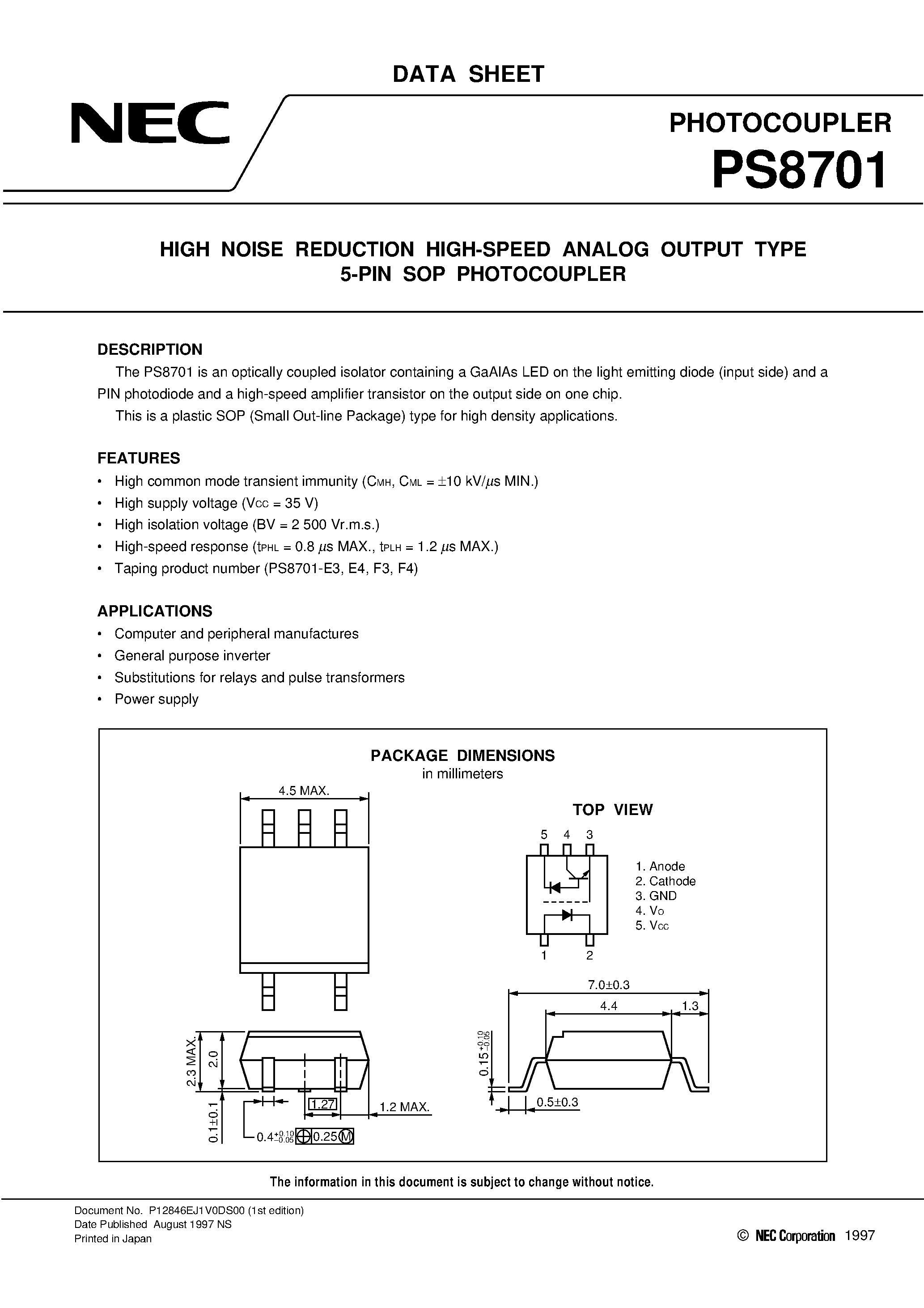 Datasheet PS8701-E4 - HIGH NOISE REDUCTION HIGH-SPEED ANALOG OUTPUT TYPE 5-PIN SOP PHOTOCOUPLER page 1