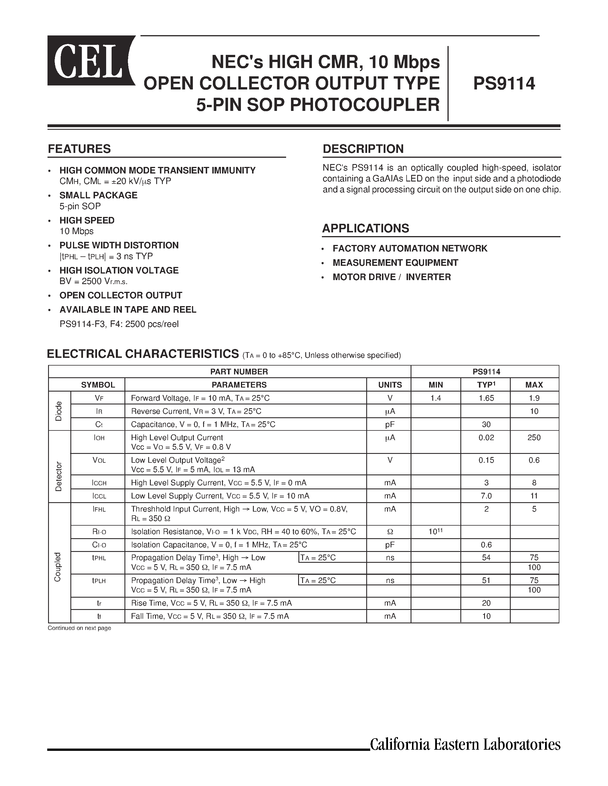 Datasheet PS9114 - NECs HIGH CMR / 10 Mbps OPEN COLLECTOR OUTPUT TYPE 5-PIN SOP PHOTOCOUPLER page 1