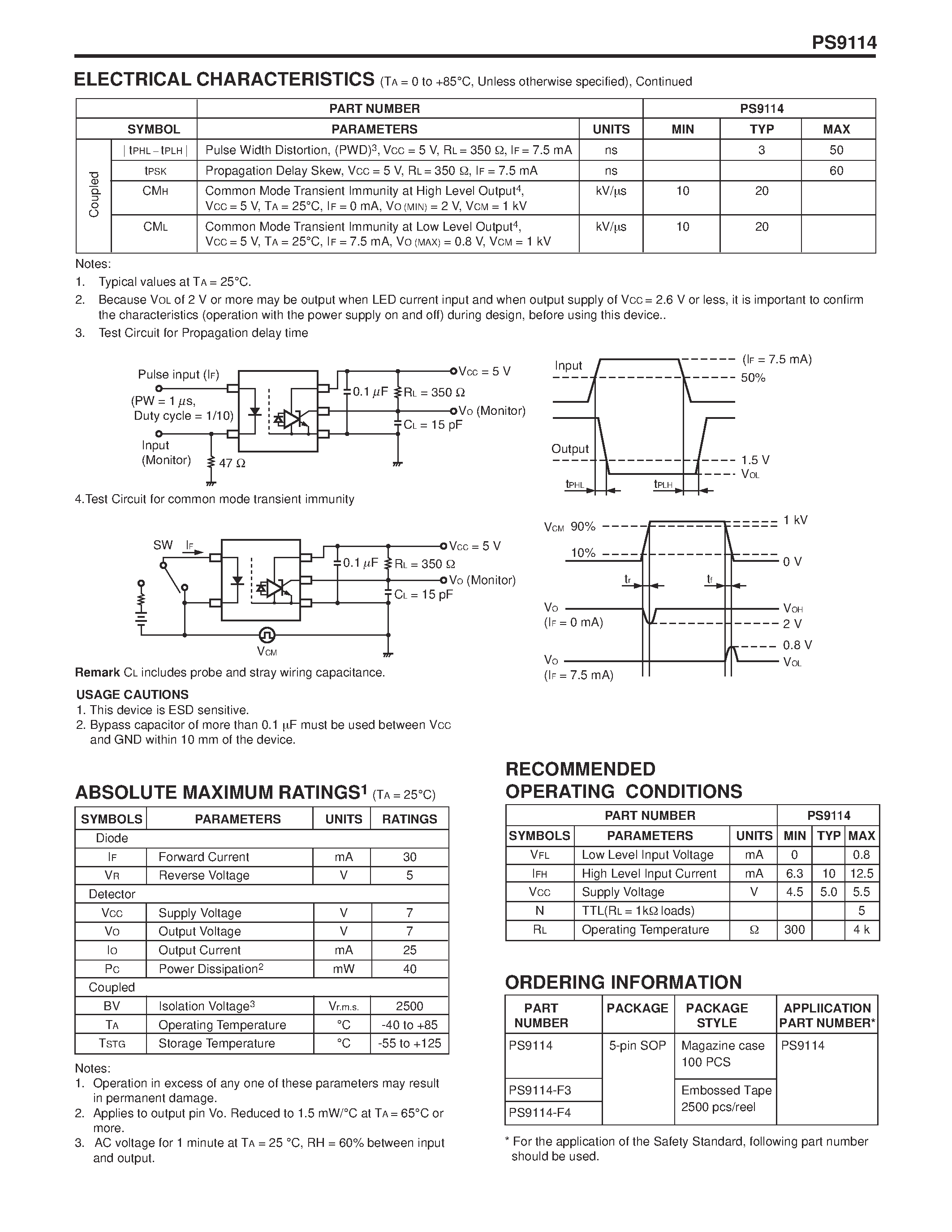 Datasheet PS9114-F3 - NECs HIGH CMR / 10 Mbps OPEN COLLECTOR OUTPUT TYPE 5-PIN SOP PHOTOCOUPLER page 2