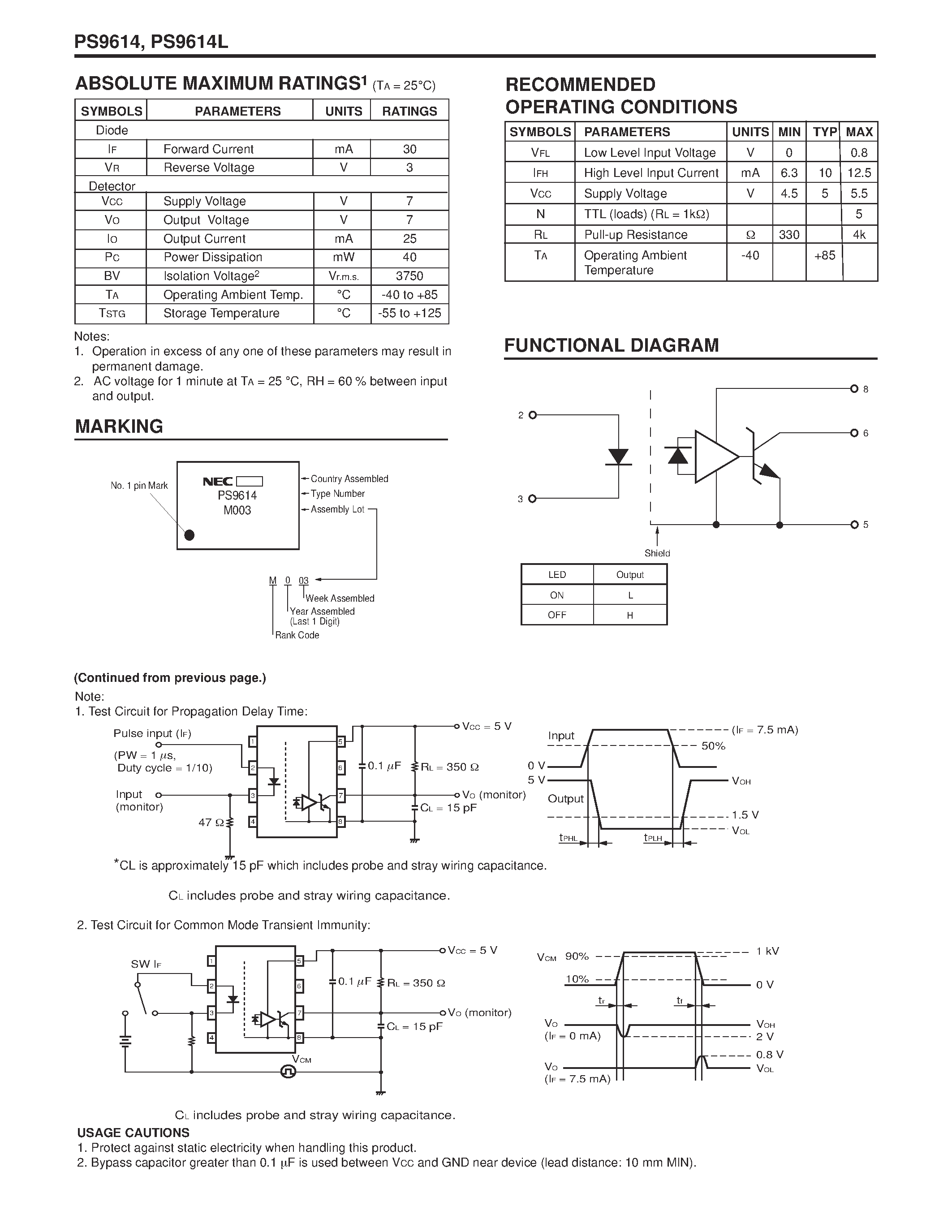 Даташит PS9614 - NECs HIGH NOISE REDUCTION HIGH SPEED DIGITAL OUTPUT TYPE 8 PIN DIP OPTOCOUPLER страница 2