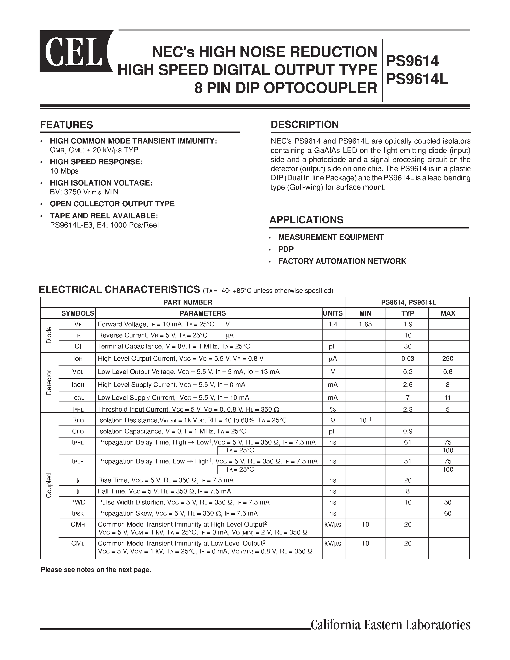 Даташит PS9614L - NECs HIGH NOISE REDUCTION HIGH SPEED DIGITAL OUTPUT TYPE 8 PIN DIP OPTOCOUPLER страница 1
