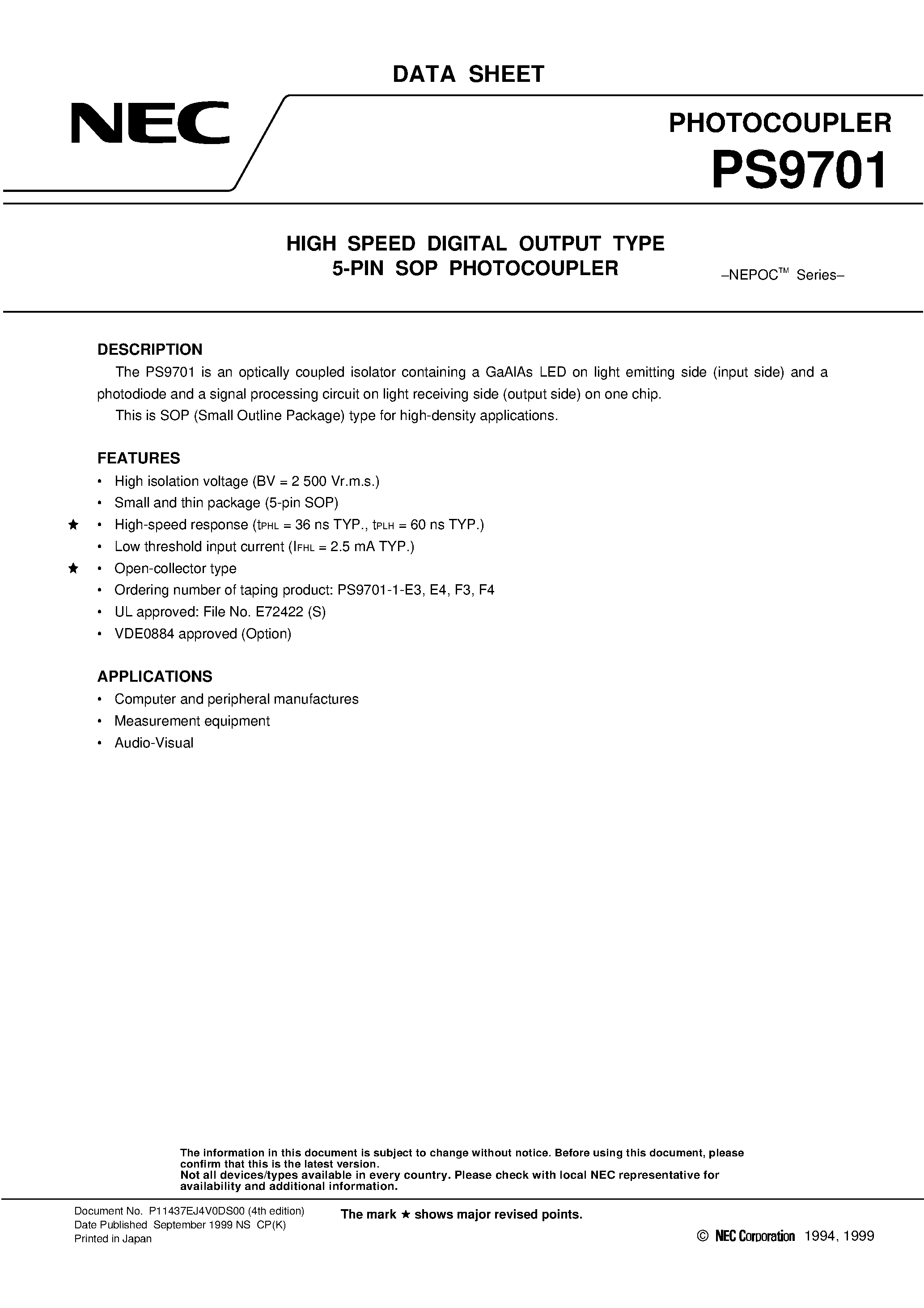 Datasheet PS9701-E3 - HIGH SPEED DIGITAL OUTPUT TYPE 5-PIN SOP PHOTOCOUPLER page 1