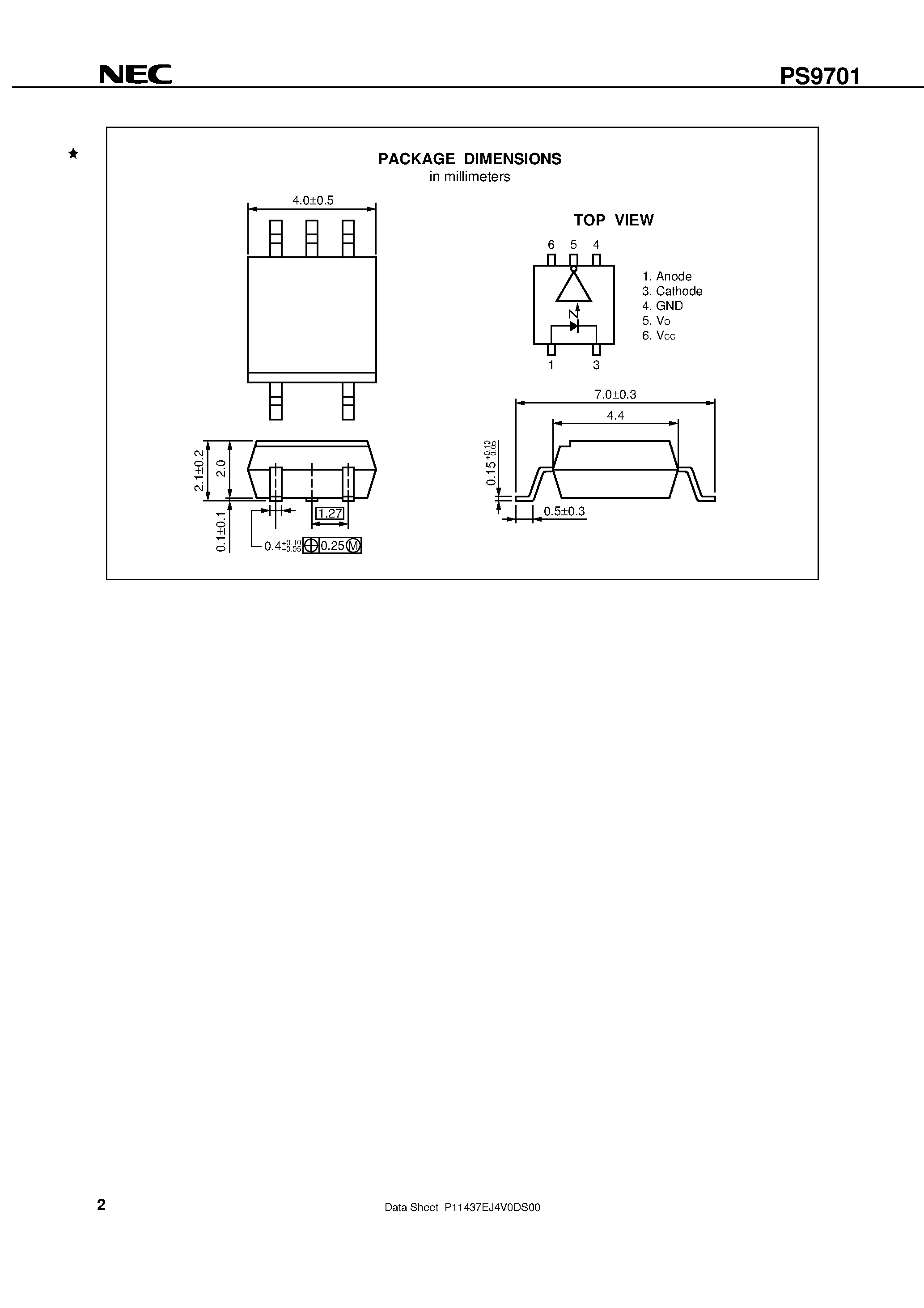 Datasheet PS9701-V-F4 page 2 Datasheet PS9701-V-F4 - HIGH SPEED DIGITAL OUTPUT TYPE 5-PIN SOP PHOTOCOUPLER page 2