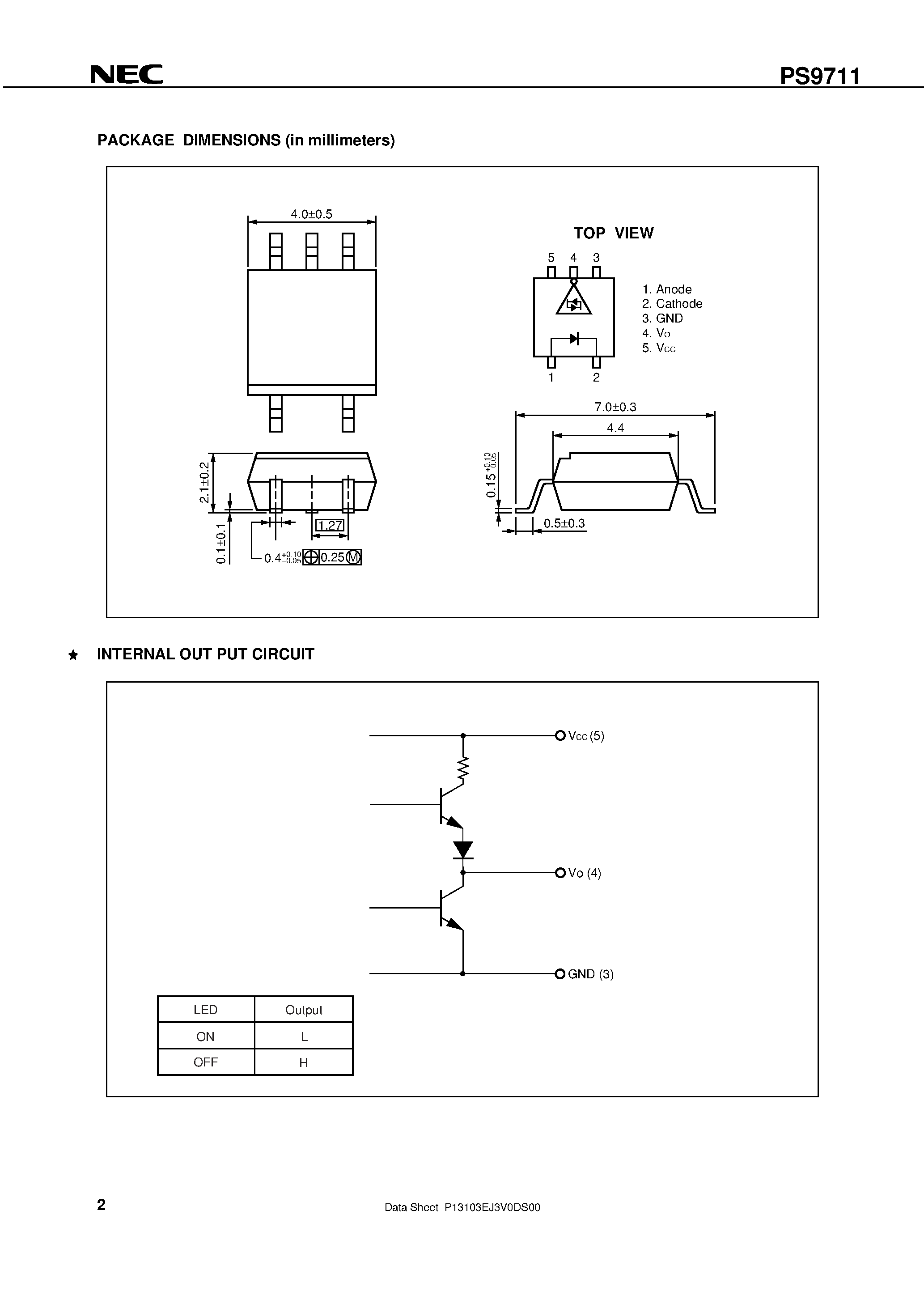 Datasheet PS9711 - HIGH NOISE REDUCTION/HIGH-SPEED 10 Mbps / TOTEM-POLE OUTPUT TYPE 5-PIN SOP TOM PHOTOCOUPLER page 2