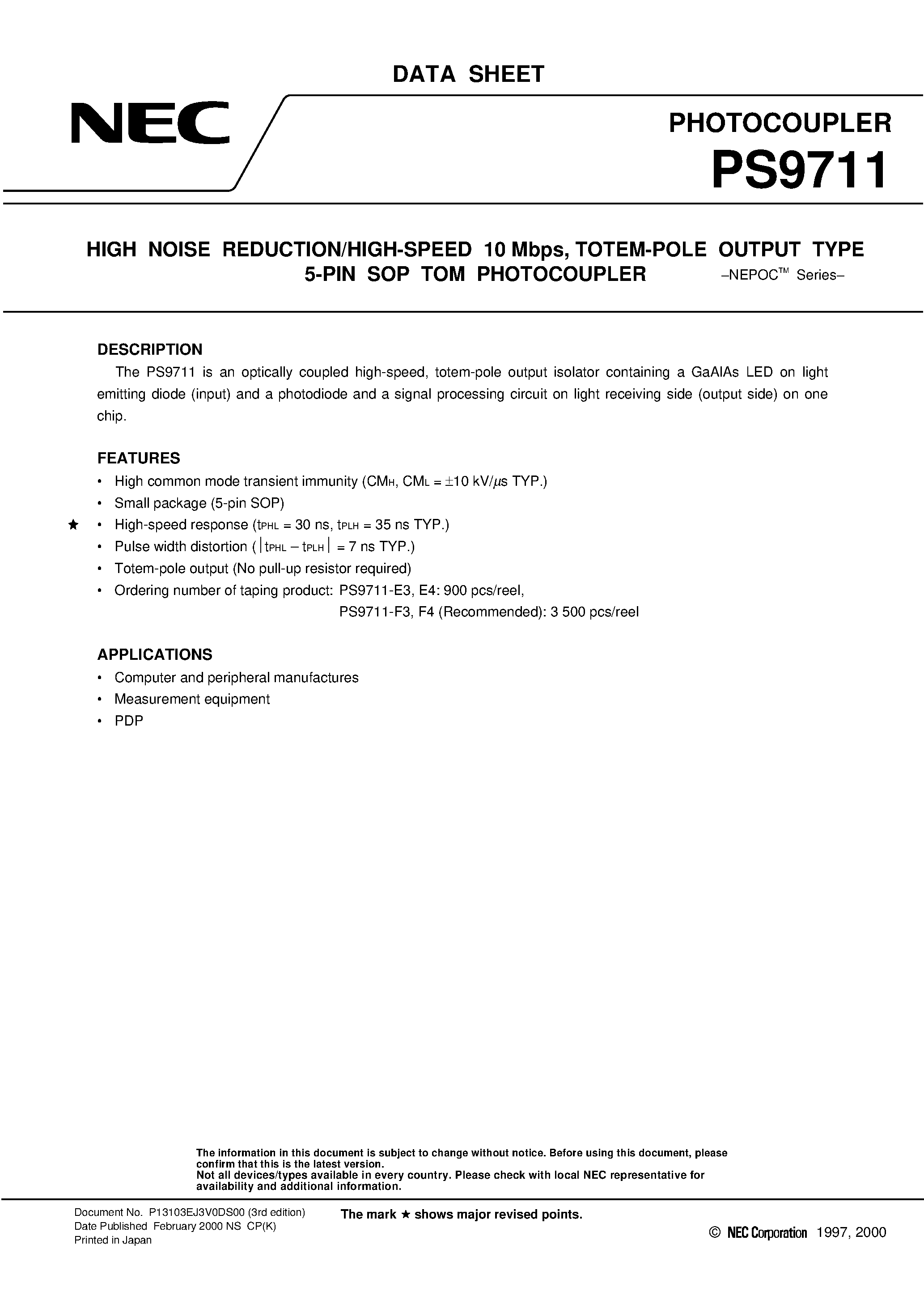 Datasheet PS9711-F4 - HIGH NOISE REDUCTION/HIGH-SPEED 10 Mbps / TOTEM-POLE OUTPUT TYPE 5-PIN SOP TOM PHOTOCOUPLER page 1