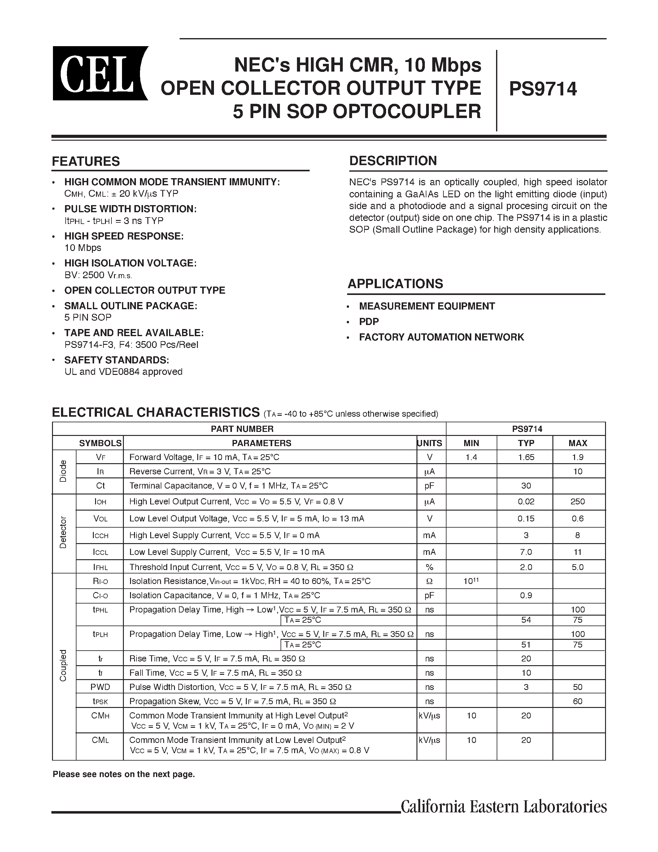 Datasheet PS9714 - NECs HIGH CMR / 10 Mbps OPEN COLLECTOR OUTPUT TYPE 5 PIN SOP OPTOCOUPLER page 1