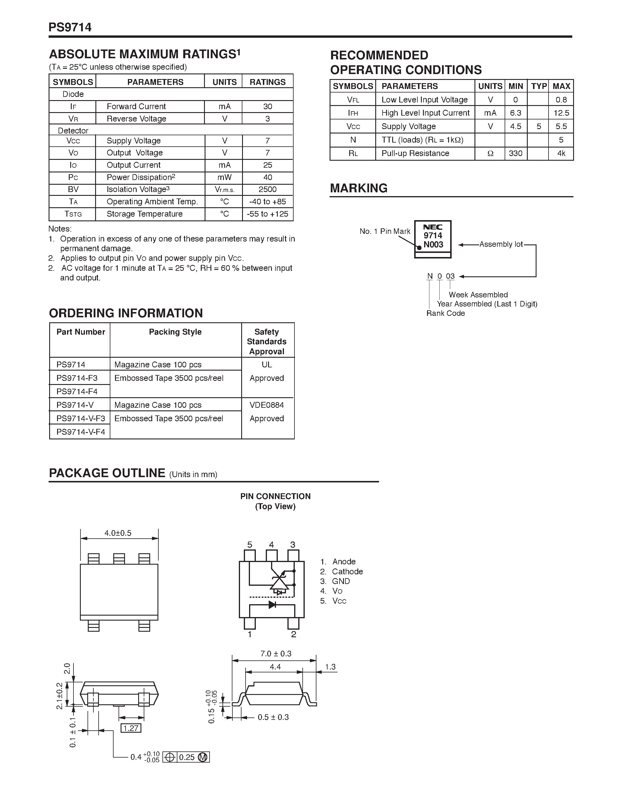 Datasheet PS9714-V-F3 - NECs HIGH CMR / 10 Mbps OPEN COLLECTOR OUTPUT TYPE 5 PIN SOP OPTOCOUPLER page 2