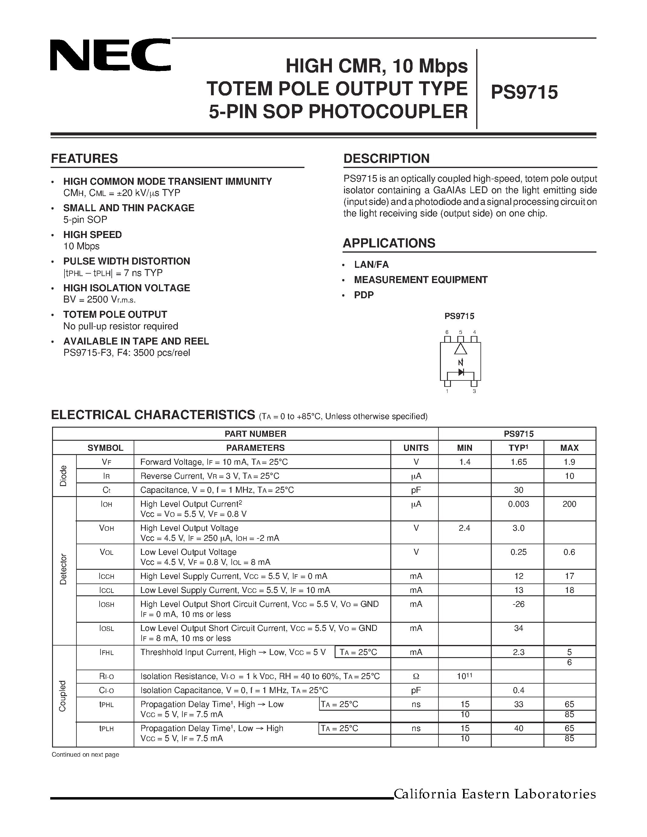 Datasheet PS9715 - HIGH CMR / 10 Mbps TOTEM POLE OUTPUT TYPE 5-PIN SOP PHOTOCOUPLER page 1