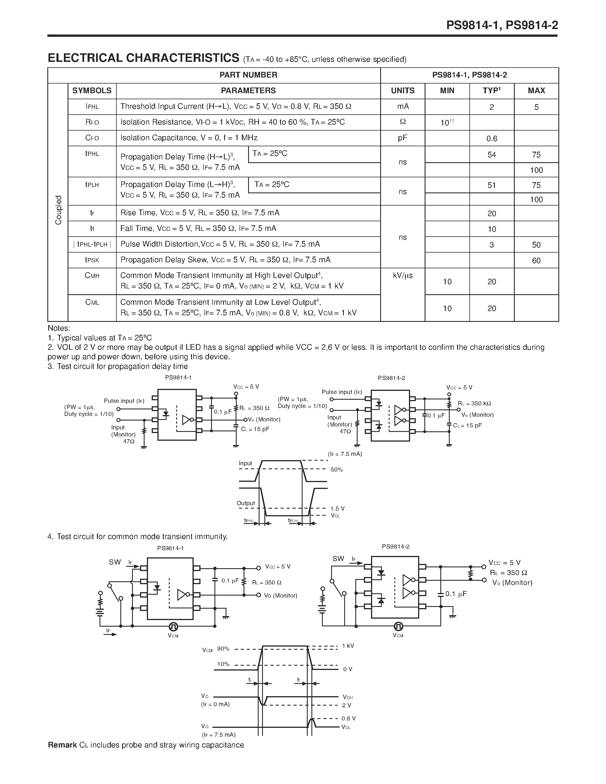 Даташит PS9814 - NECs 10 Mbps HIGH CMR OPEN COLLECTOR OUTPUT TYPE 8-PIN SOP HIGH-SPEED PHOTOCOUPLER страница 2