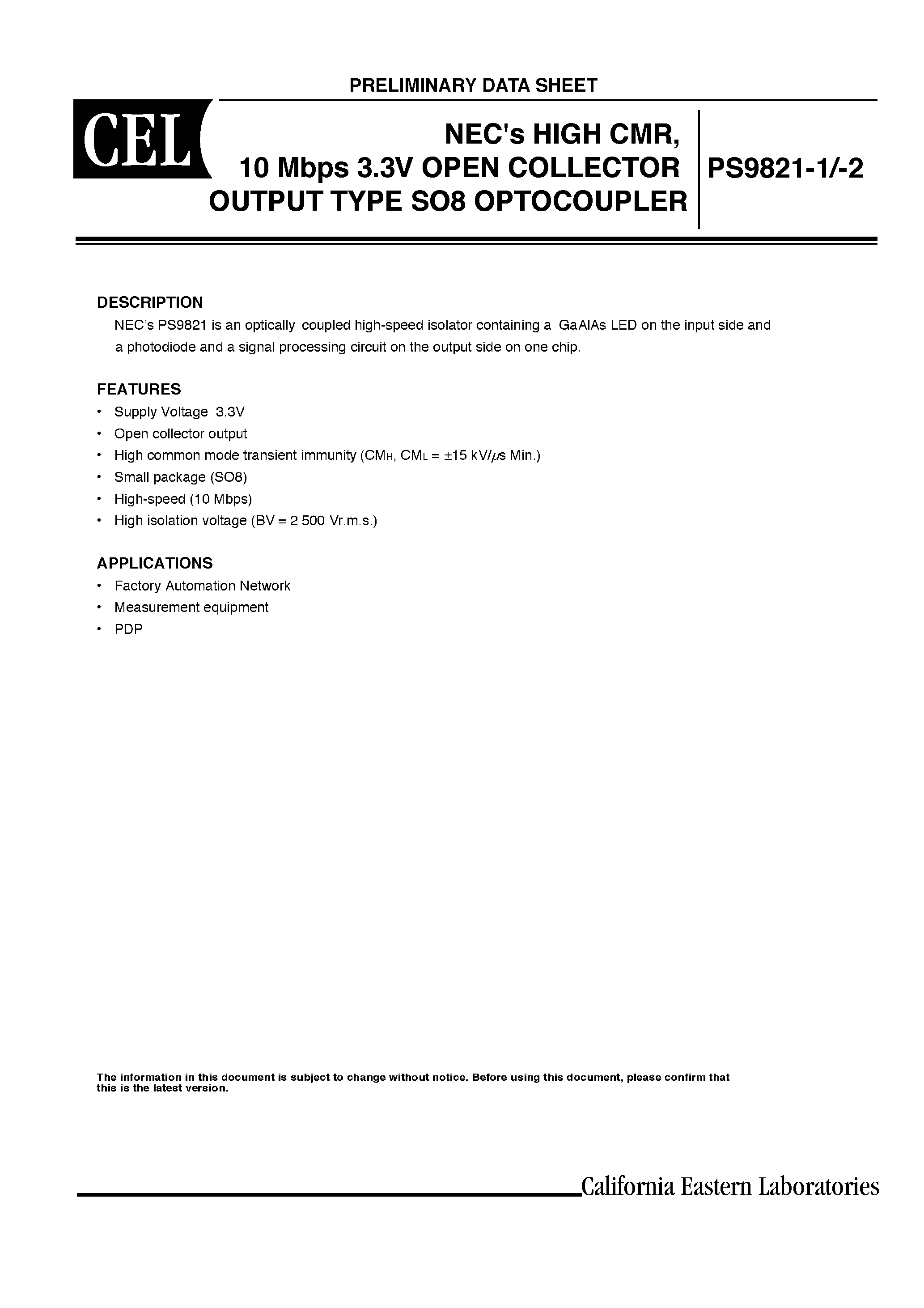 Datasheet PS9821 - HIGH CMR / 10 Mbps 3.3V OPEN COLLECTOR OUTPUT TYPE SO8 OPTOCOUPLER page 1