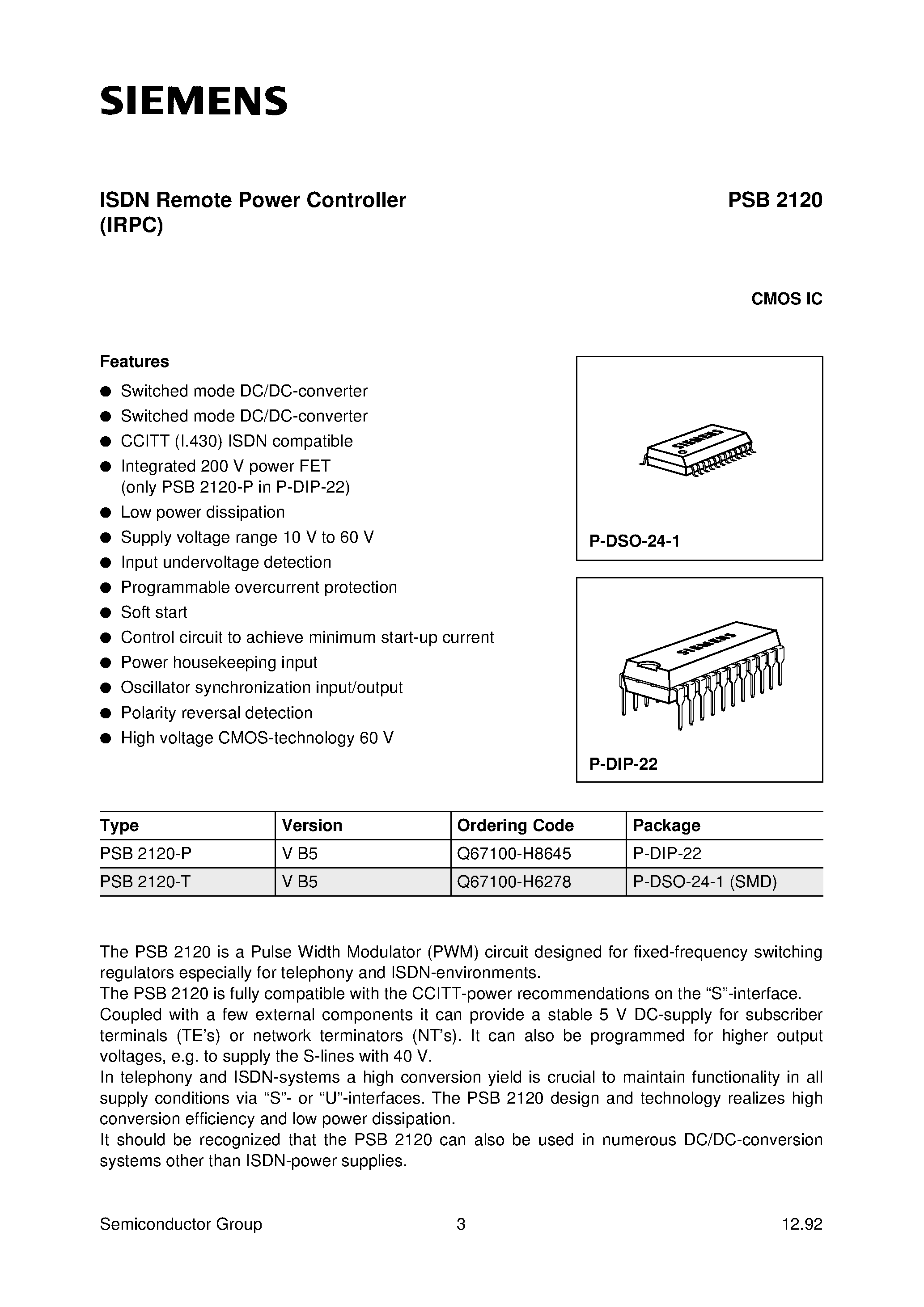 Datasheet PSB2120-T - ISDN Remote Power Controller page 1