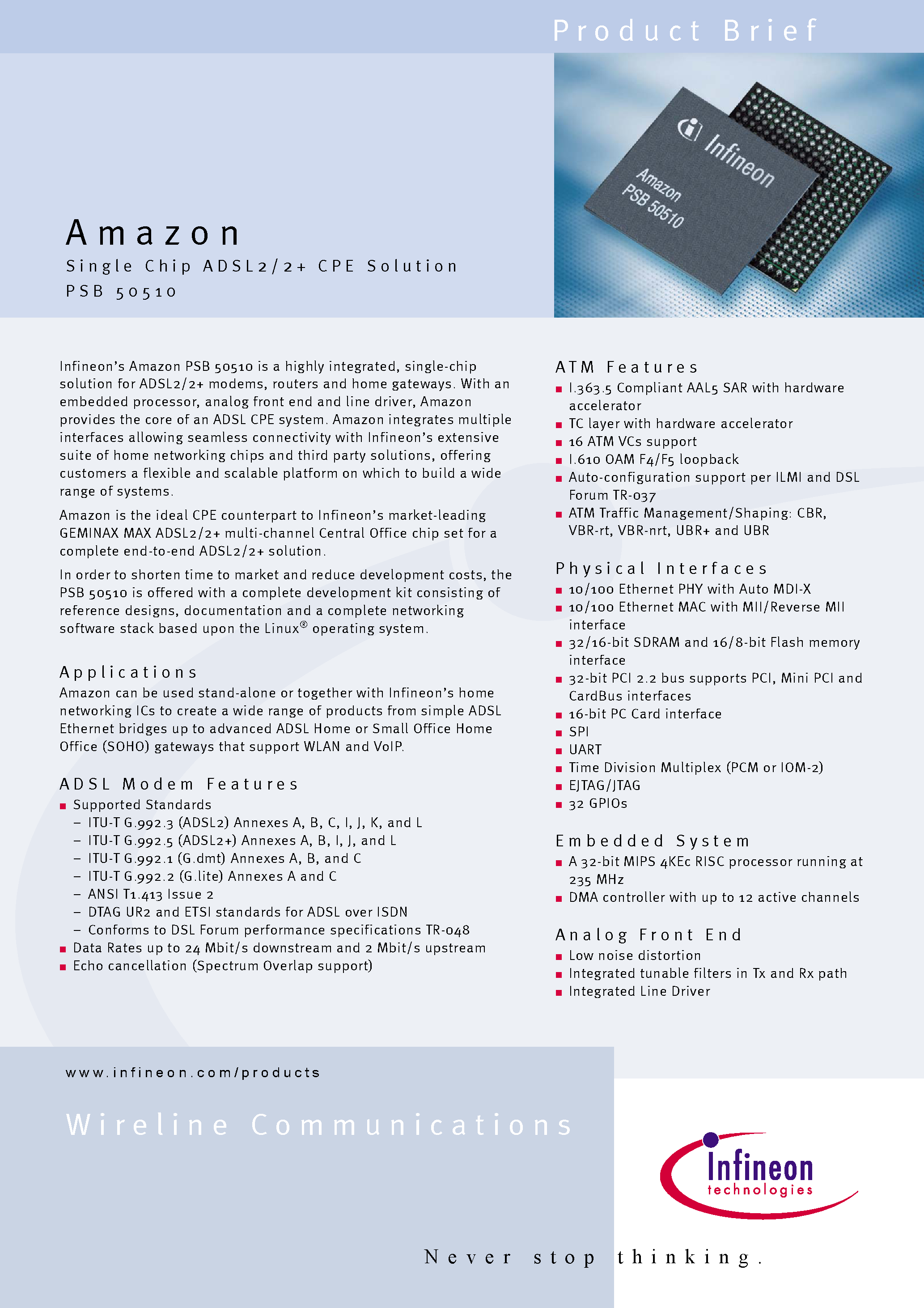 Datasheet PSB50510 page 1 Datasheet PSB50510 - Single Chip ADSL 2 /2 + CPE Solution page 1